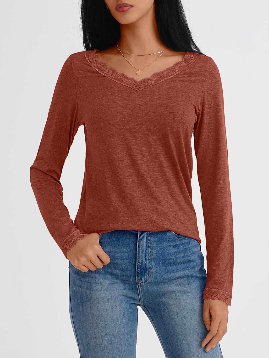 imageAUTOMET V Neck T Shirts for Women Lace Long Sleeve Cute Tops Fall Winter Dressy Business Casual Blouses Trendy Basic TeesMaple