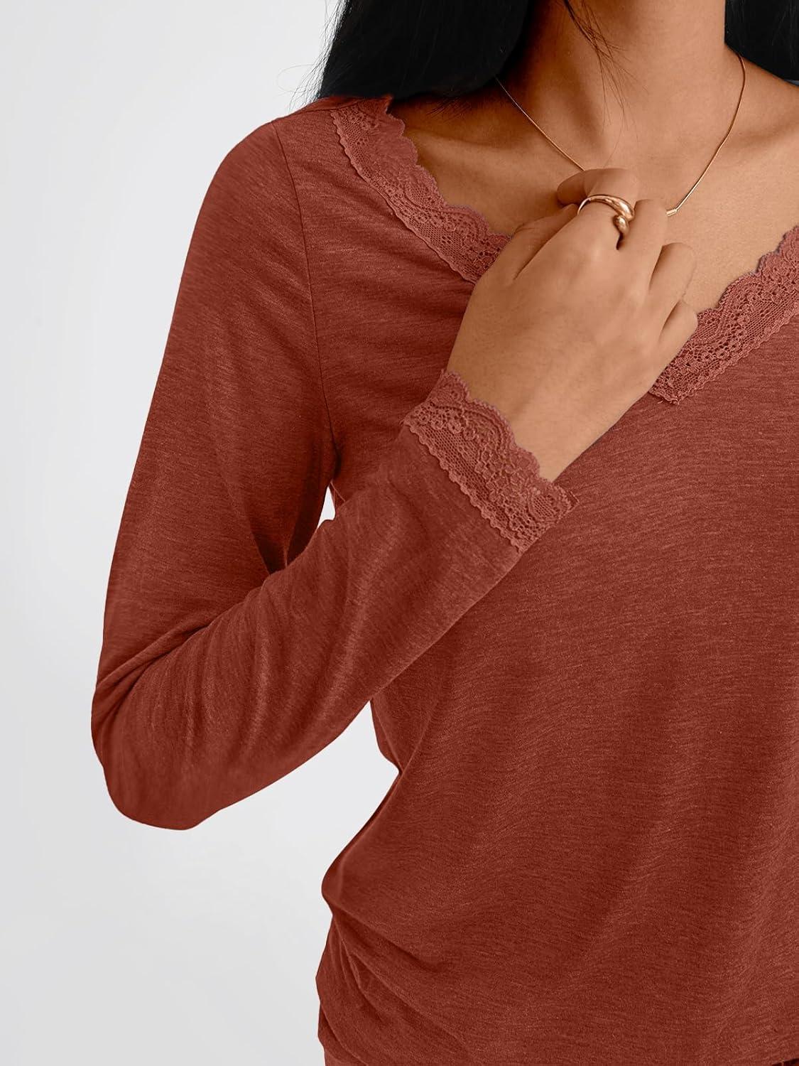 imageAUTOMET V Neck T Shirts for Women Lace Long Sleeve Cute Tops Fall Winter Dressy Business Casual Blouses Trendy Basic TeesMaple