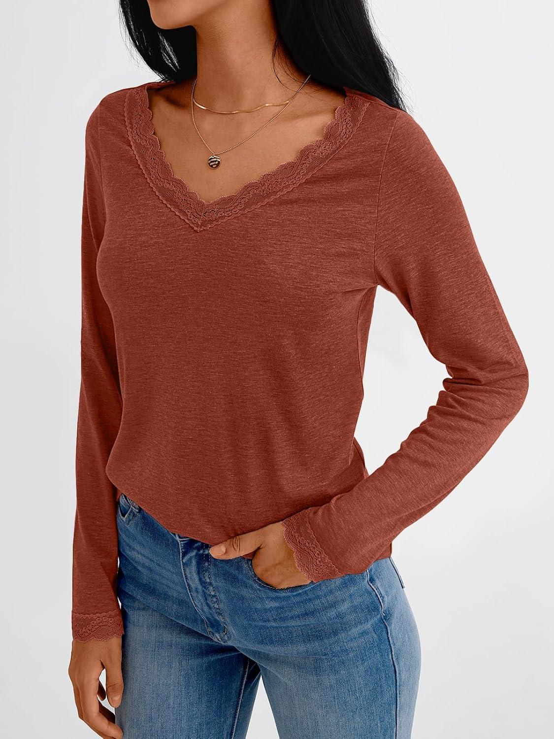 imageAUTOMET V Neck T Shirts for Women Lace Long Sleeve Cute Tops Fall Winter Dressy Business Casual Blouses Trendy Basic TeesMaple