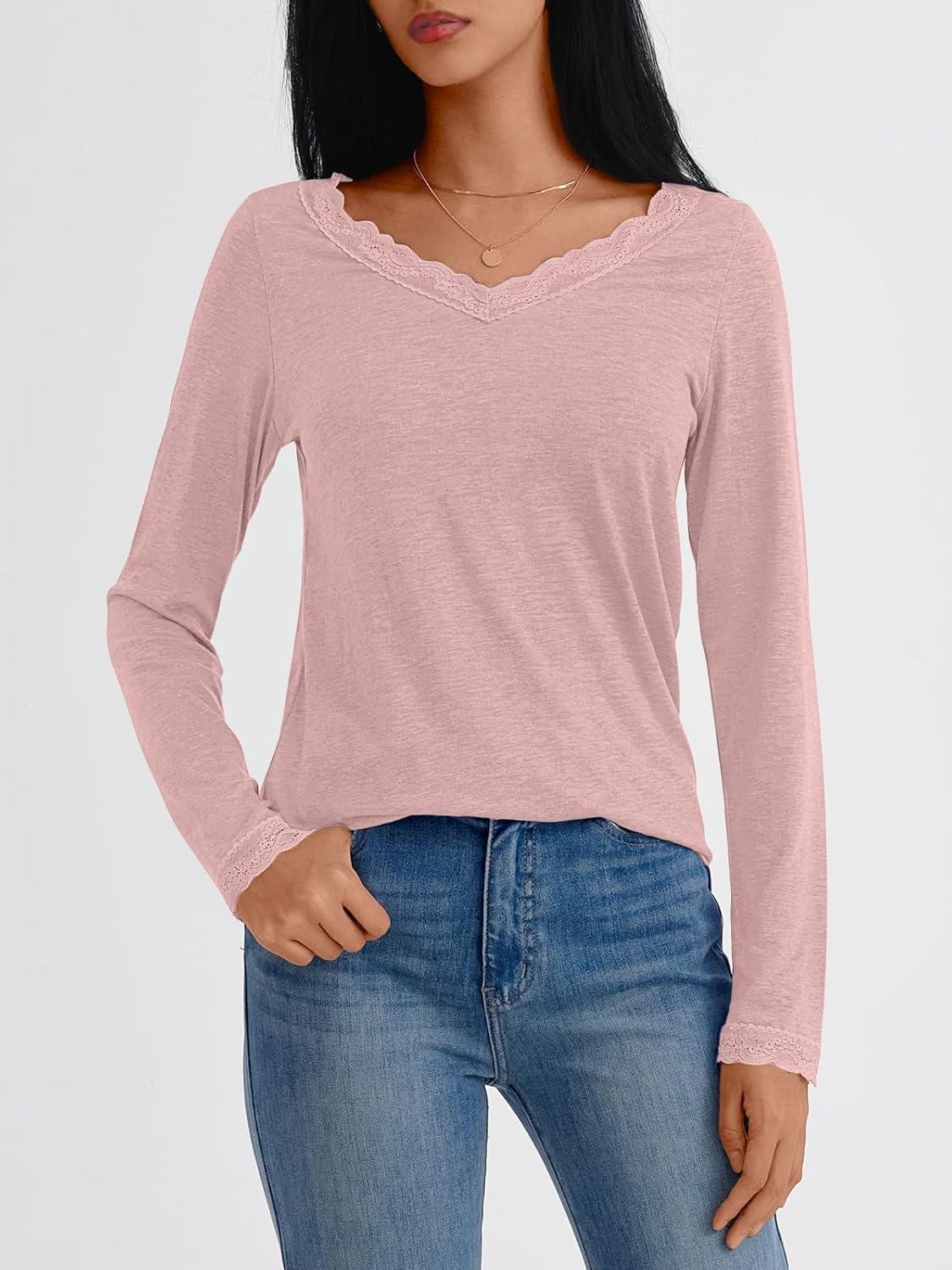 imageAUTOMET V Neck T Shirts for Women Lace Long Sleeve Cute Tops Fall Winter Dressy Business Casual Blouses Trendy Basic TeesPink