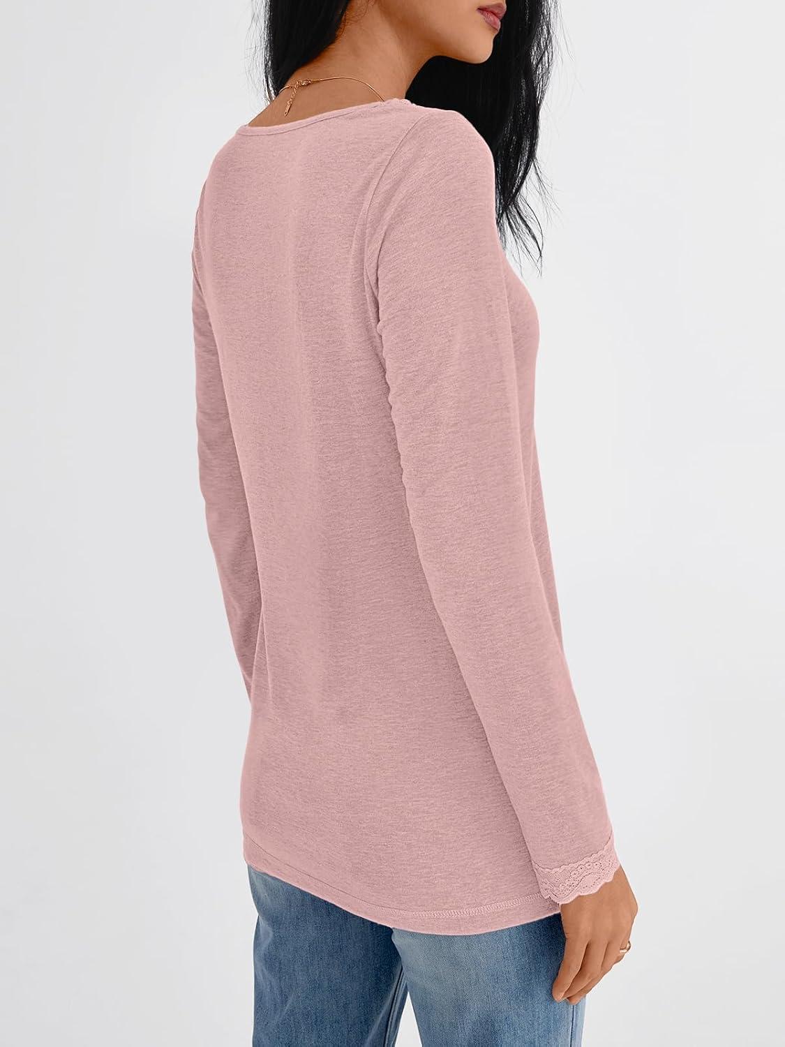 imageAUTOMET V Neck T Shirts for Women Lace Long Sleeve Cute Tops Fall Winter Dressy Business Casual Blouses Trendy Basic TeesPink