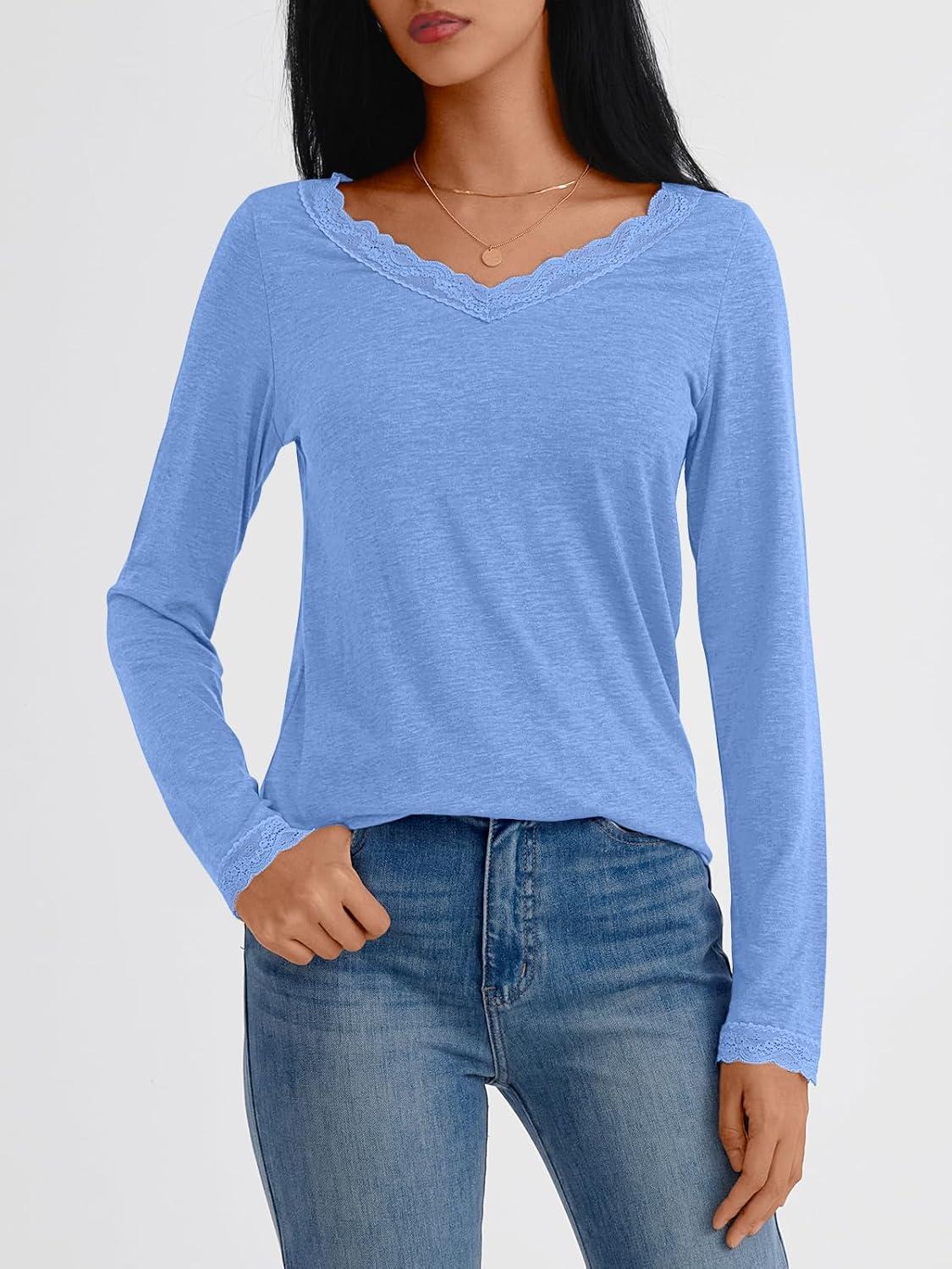 imageAUTOMET V Neck T Shirts for Women Lace Long Sleeve Cute Tops Fall Winter Dressy Business Casual Blouses Trendy Basic TeesSkyblue