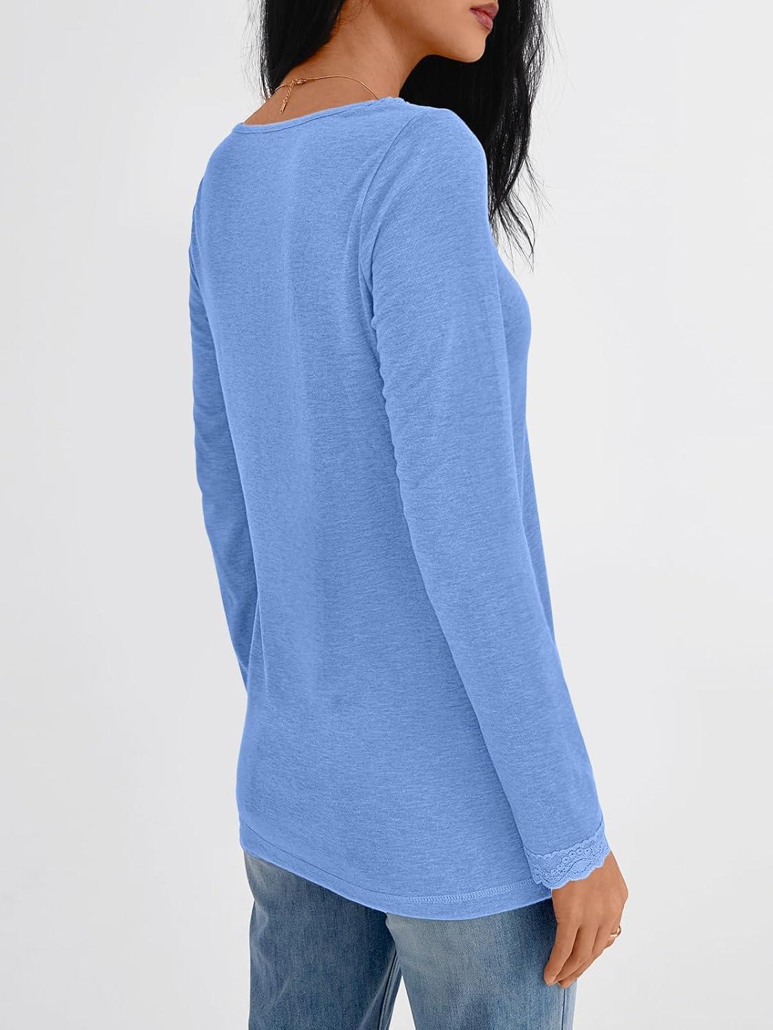 imageAUTOMET V Neck T Shirts for Women Lace Long Sleeve Cute Tops Fall Winter Dressy Business Casual Blouses Trendy Basic TeesSkyblue