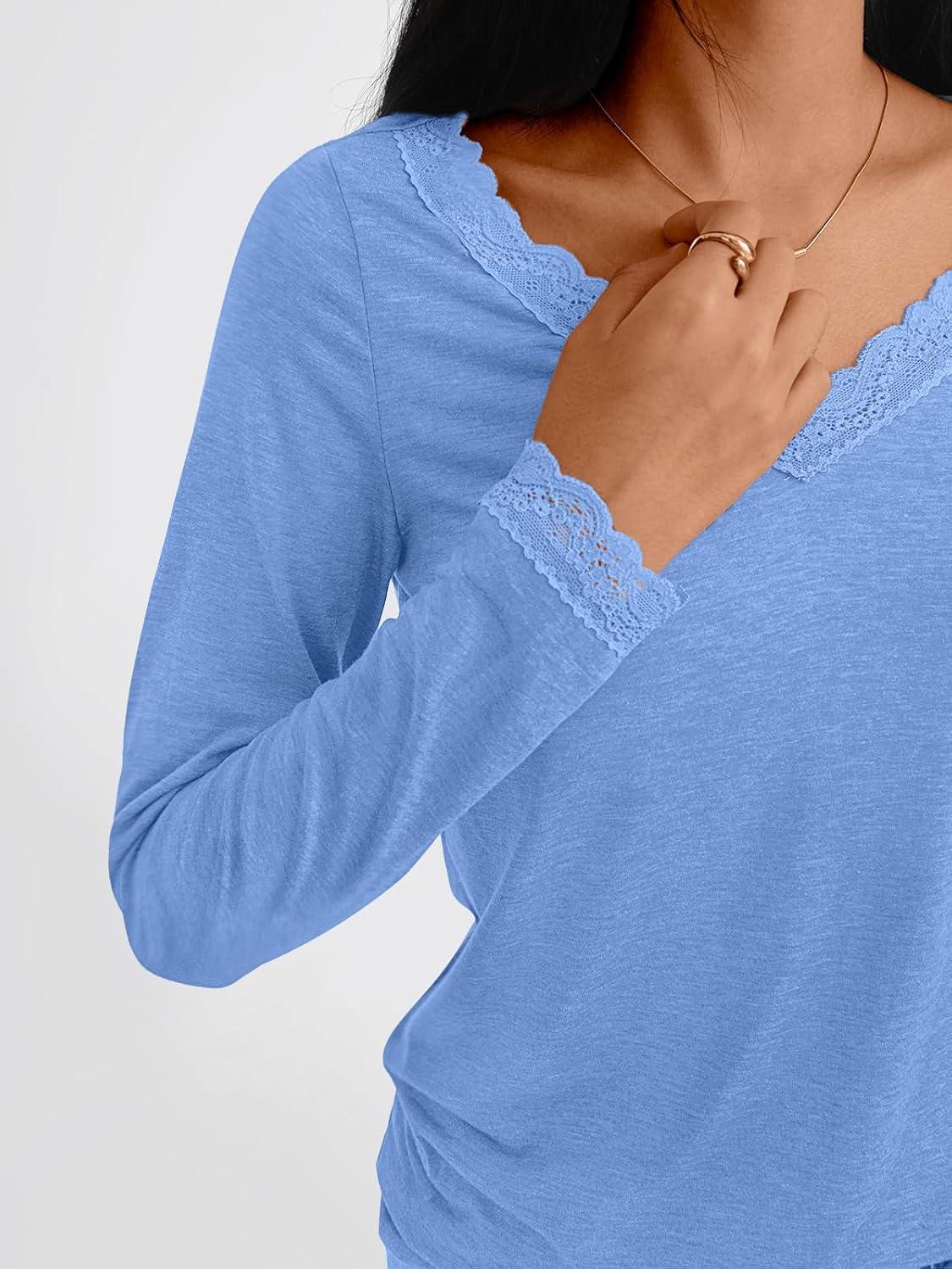 imageAUTOMET V Neck T Shirts for Women Lace Long Sleeve Cute Tops Fall Winter Dressy Business Casual Blouses Trendy Basic TeesSkyblue