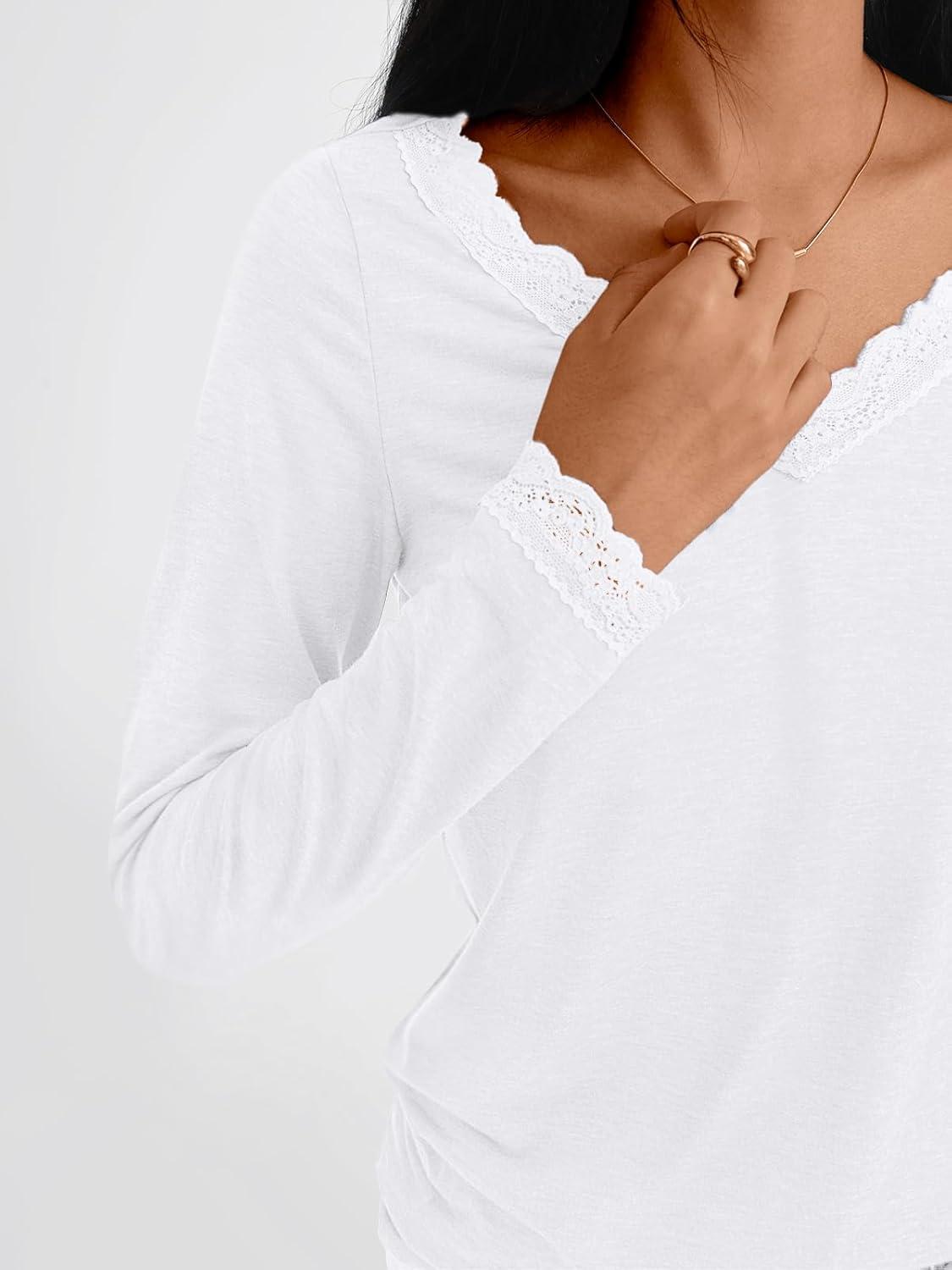 imageAUTOMET V Neck T Shirts for Women Lace Long Sleeve Cute Tops Fall Winter Dressy Business Casual Blouses Trendy Basic TeesWhite