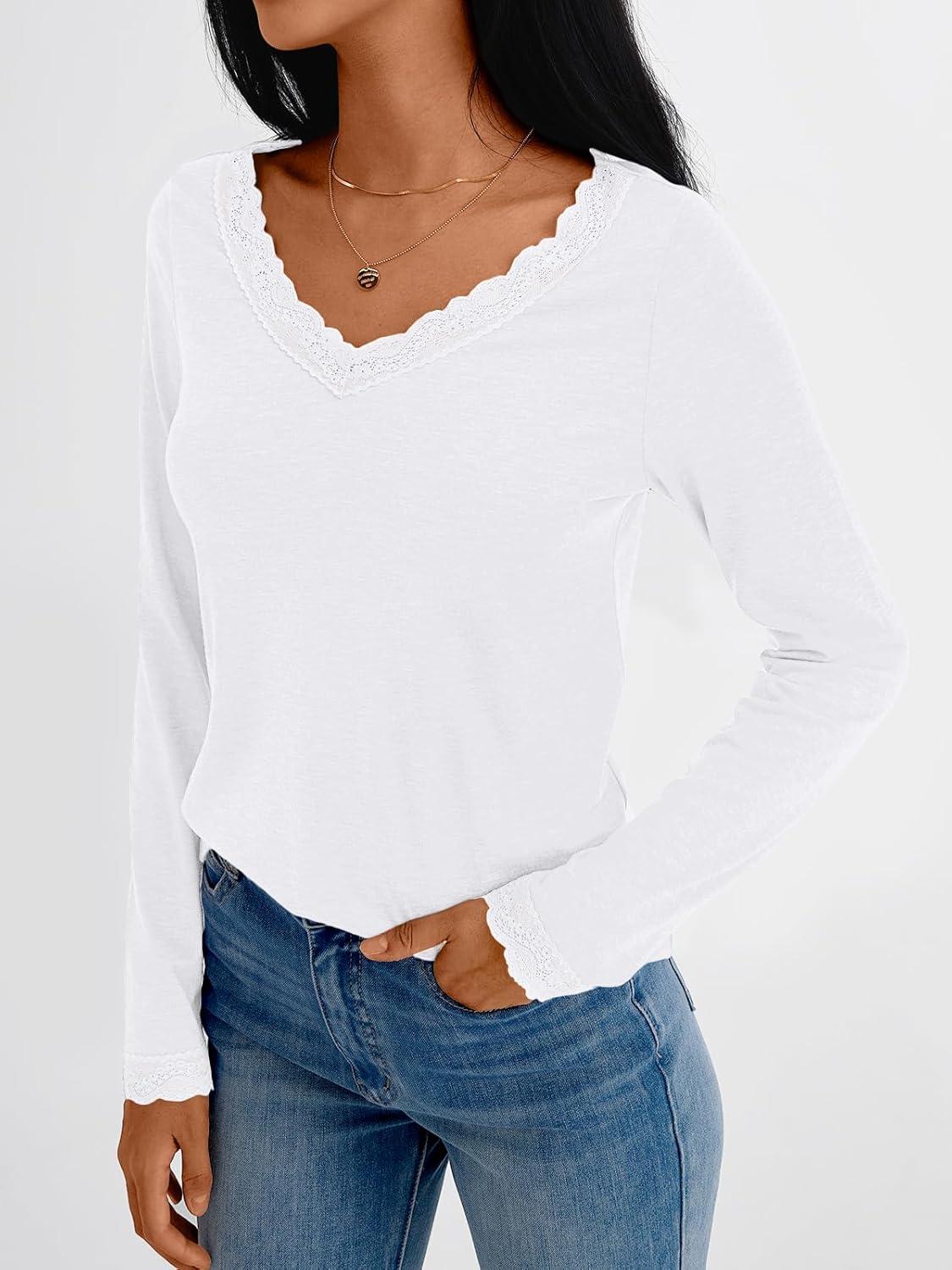 imageAUTOMET V Neck T Shirts for Women Lace Long Sleeve Cute Tops Fall Winter Dressy Business Casual Blouses Trendy Basic TeesWhite