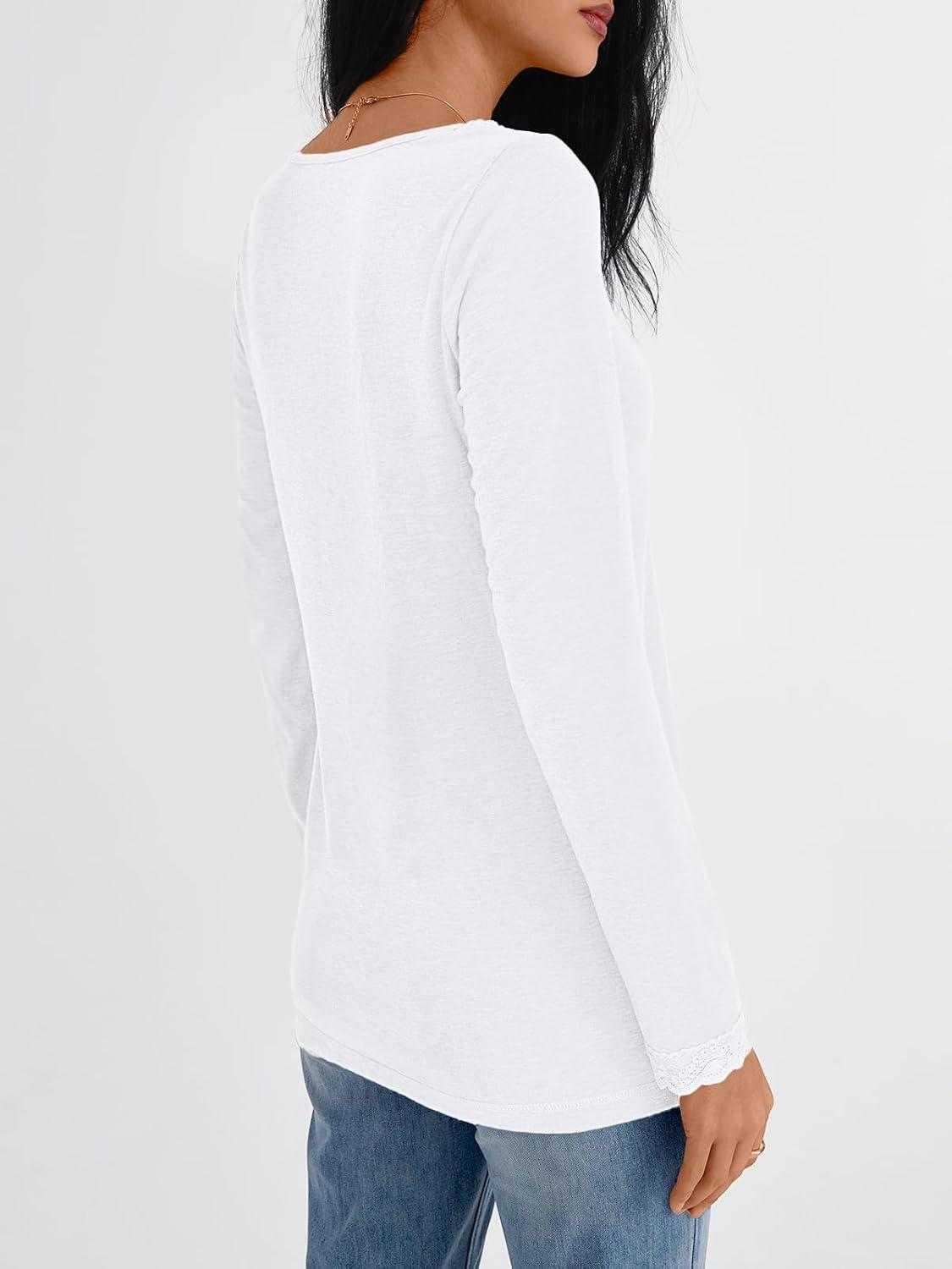 imageAUTOMET V Neck T Shirts for Women Lace Long Sleeve Cute Tops Fall Winter Dressy Business Casual Blouses Trendy Basic TeesWhite