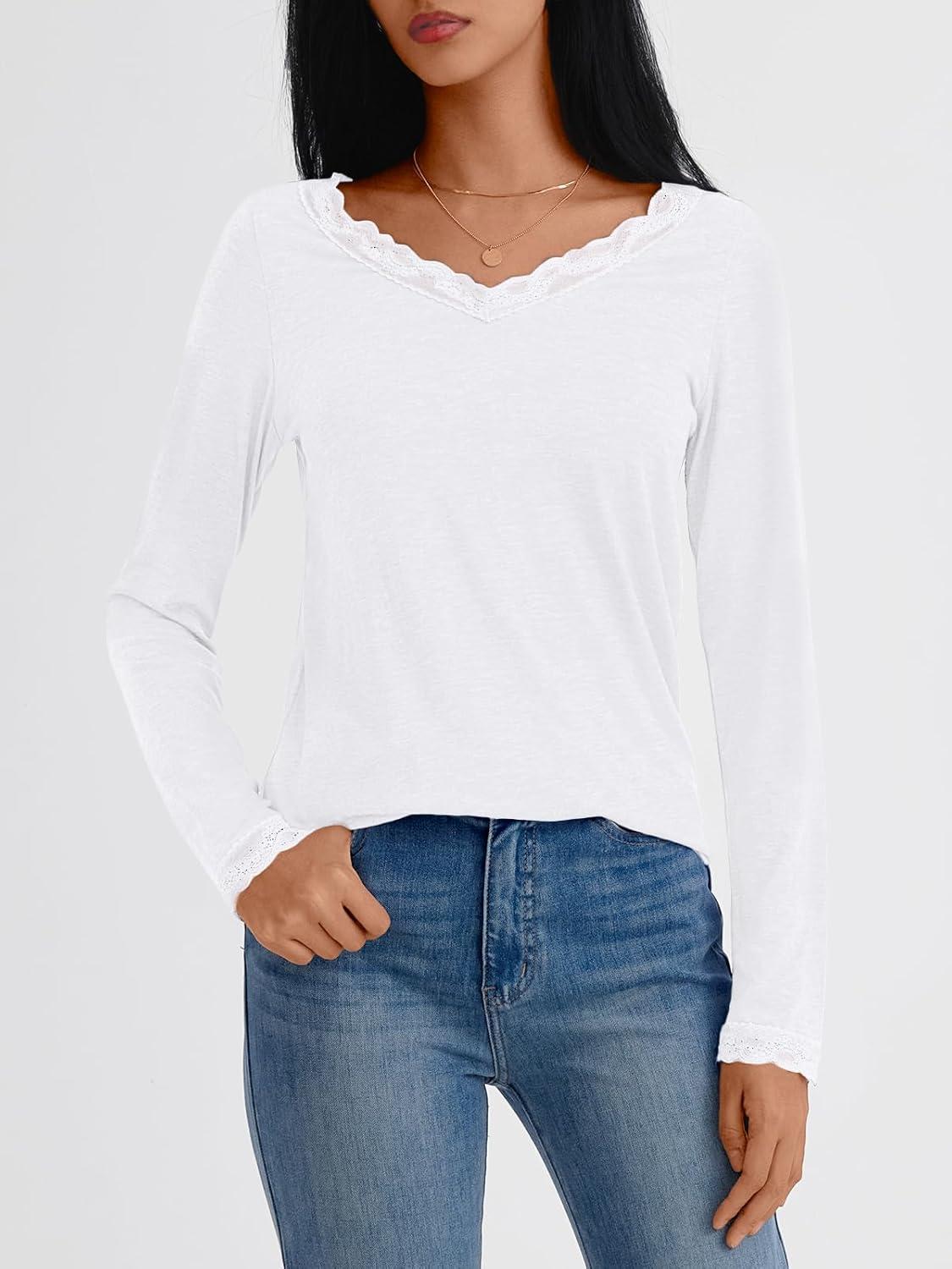 imageAUTOMET V Neck T Shirts for Women Lace Long Sleeve Cute Tops Fall Winter Dressy Business Casual Blouses Trendy Basic TeesWhite