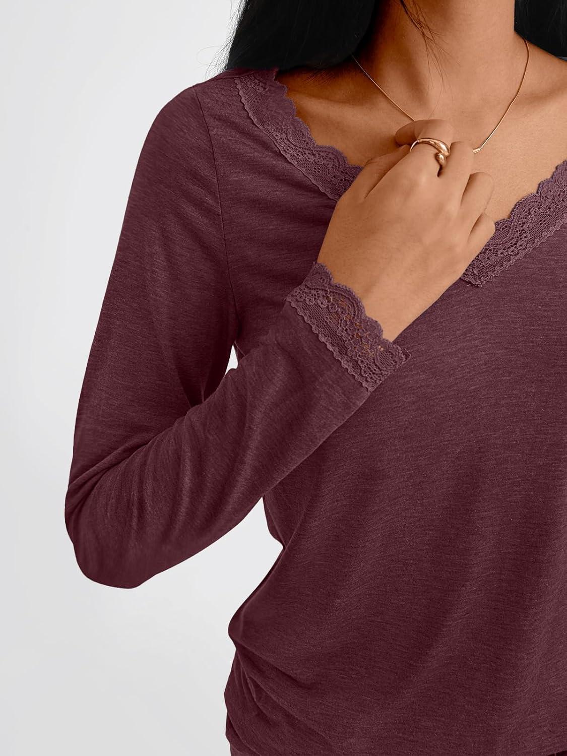 imageAUTOMET V Neck T Shirts for Women Lace Long Sleeve Cute Tops Fall Winter Dressy Business Casual Blouses Trendy Basic TeesWinered