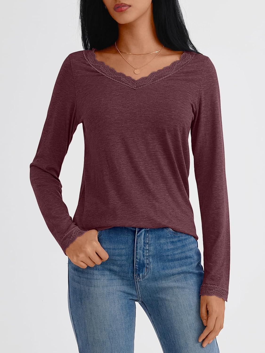 imageAUTOMET V Neck T Shirts for Women Lace Long Sleeve Cute Tops Fall Winter Dressy Business Casual Blouses Trendy Basic TeesWinered