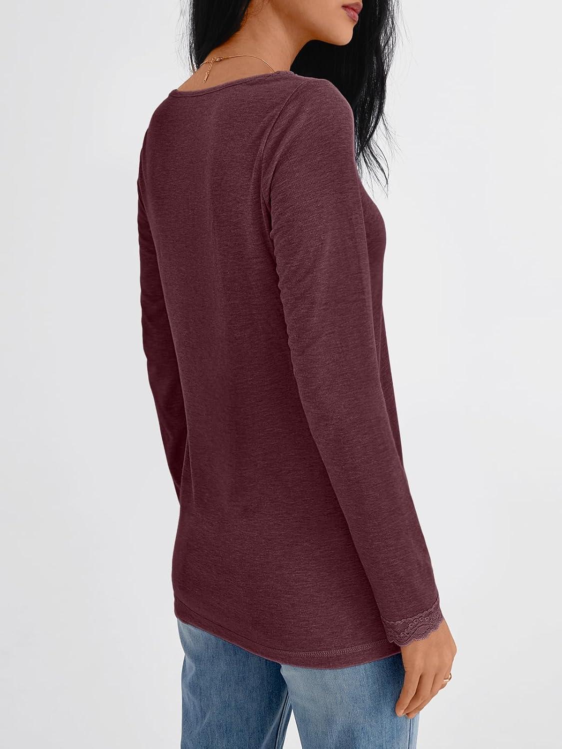 imageAUTOMET V Neck T Shirts for Women Lace Long Sleeve Cute Tops Fall Winter Dressy Business Casual Blouses Trendy Basic TeesWinered