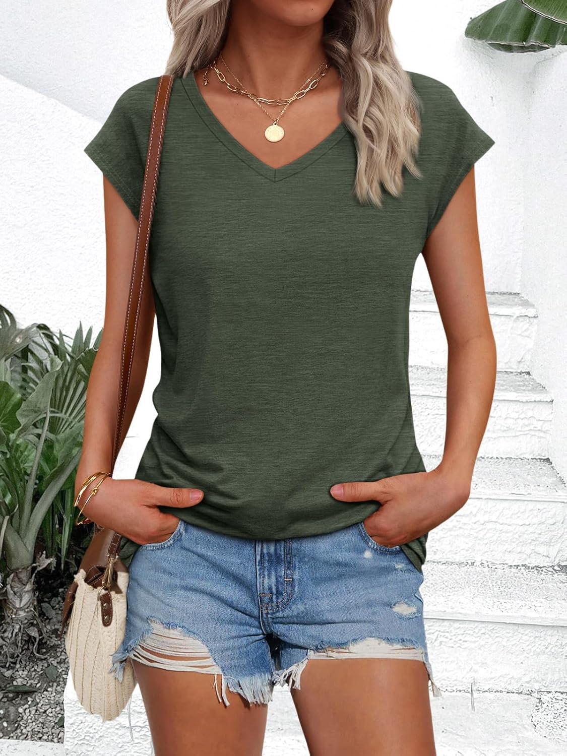 imageAUTOMET V Neck T Shirts for Women Spring Summer Fall Tops Teacher Work Business Dressy Casual Blouses Basic Tees Boho FashionArmygreen