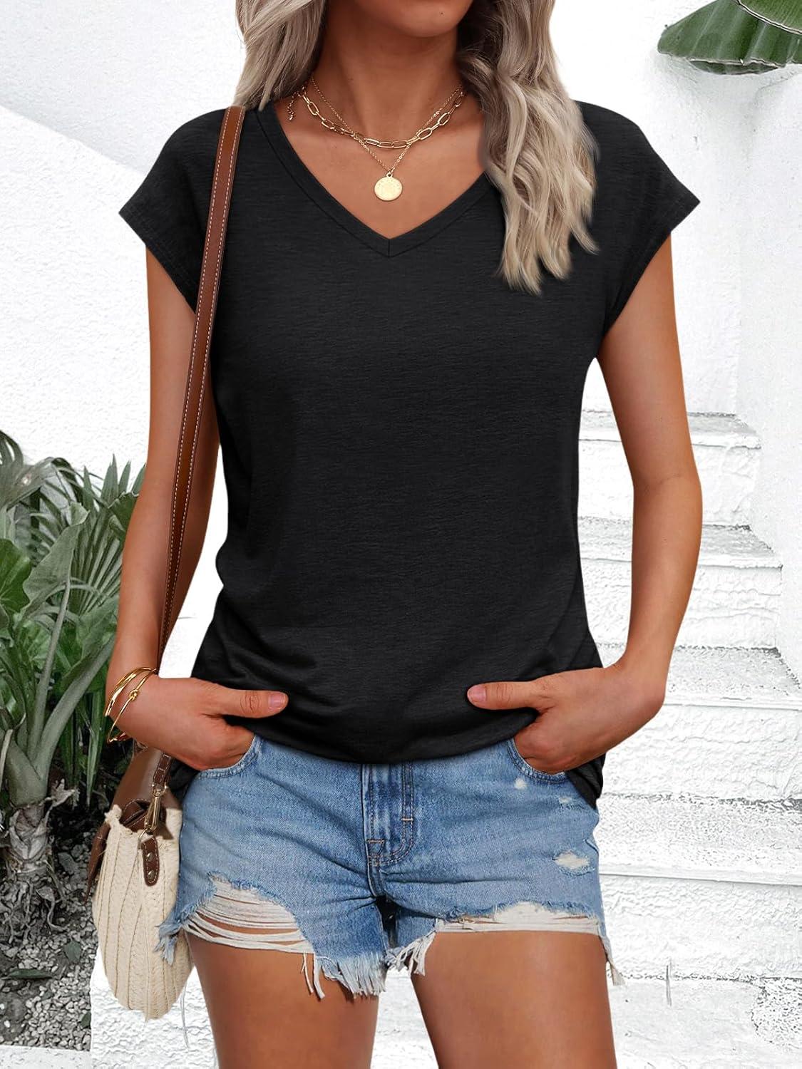 imageAUTOMET V Neck T Shirts for Women Spring Summer Fall Tops Teacher Work Business Dressy Casual Blouses Basic Tees Boho FashionBlack
