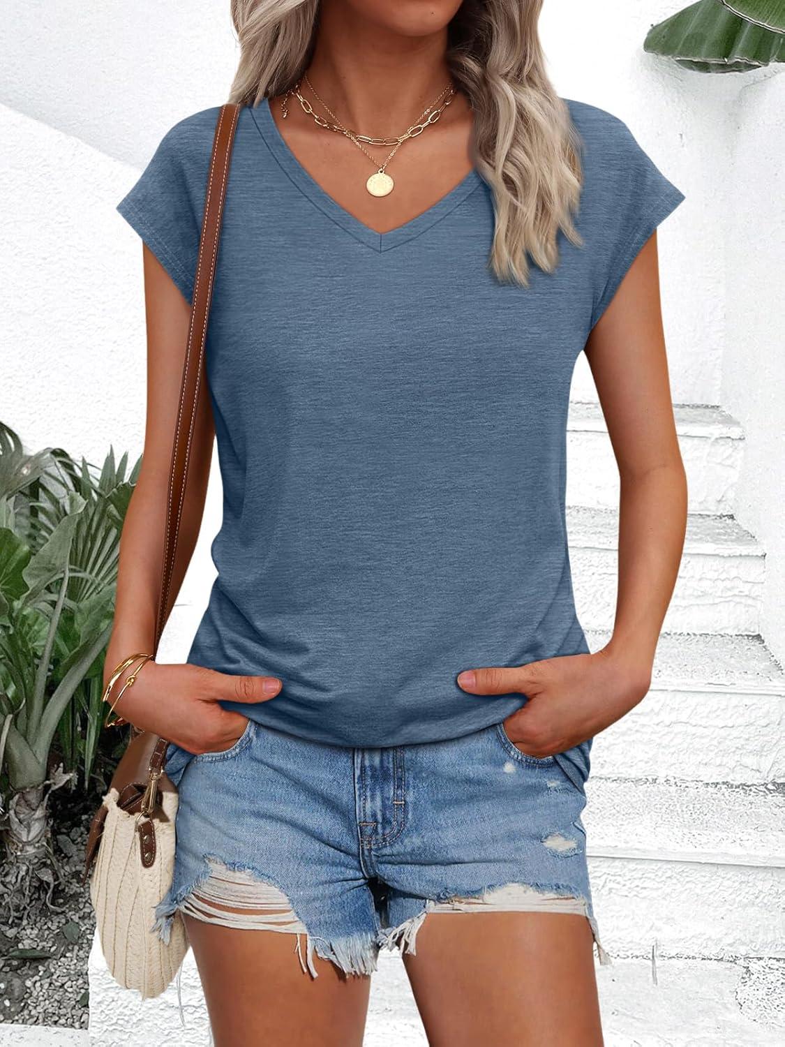 imageAUTOMET V Neck T Shirts for Women Spring Summer Fall Tops Teacher Work Business Dressy Casual Blouses Basic Tees Boho FashionBlue