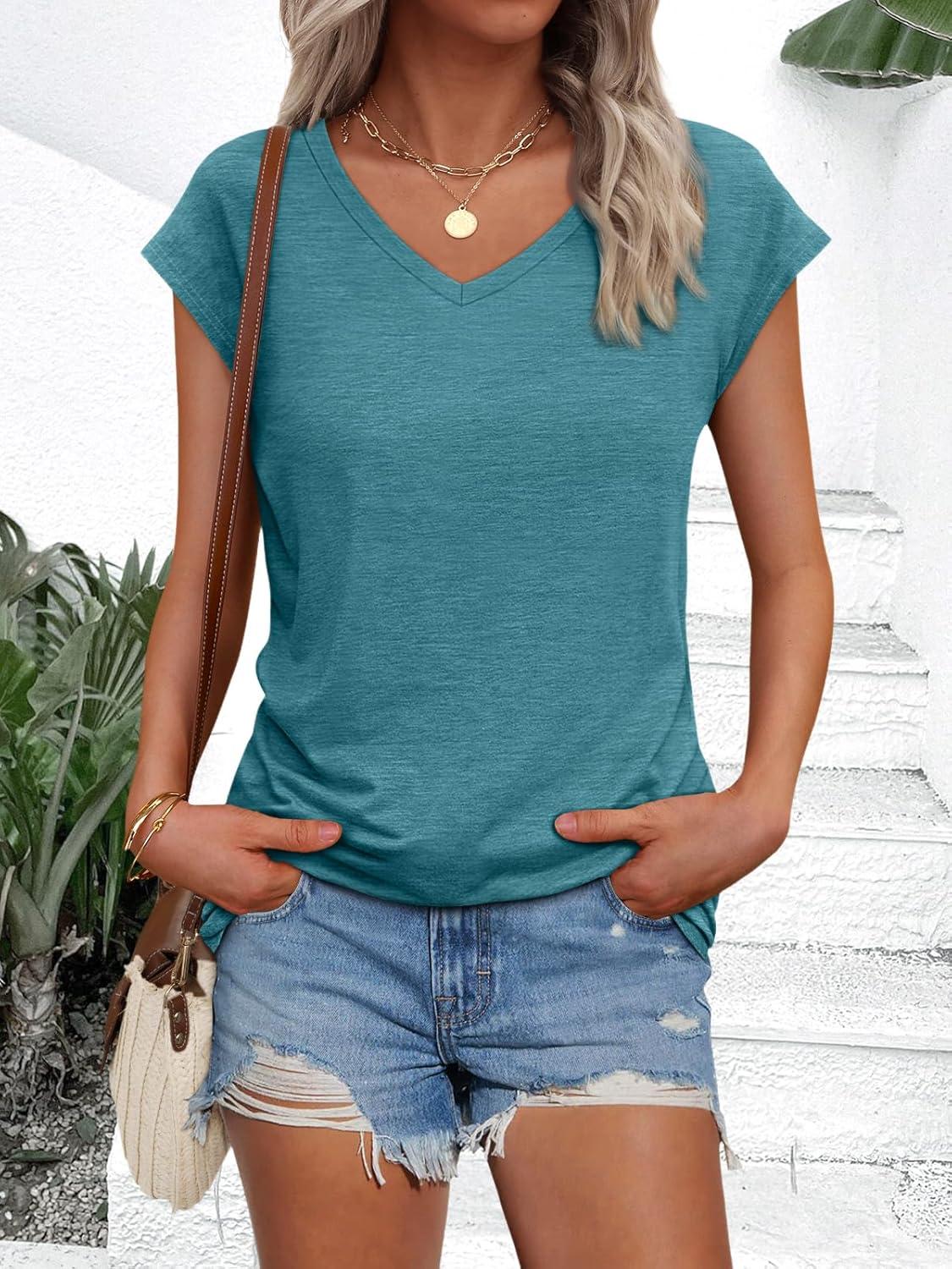 imageAUTOMET V Neck T Shirts for Women Spring Summer Fall Tops Teacher Work Business Dressy Casual Blouses Basic Tees Boho FashionBluegreen