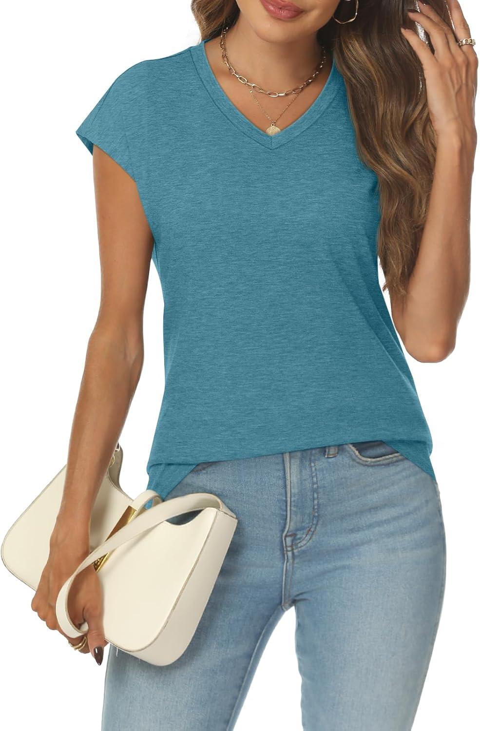 imageAUTOMET V Neck T Shirts for Women Spring Summer Fall Tops Teacher Work Business Dressy Casual Blouses Basic Tees Boho FashionBluegreen