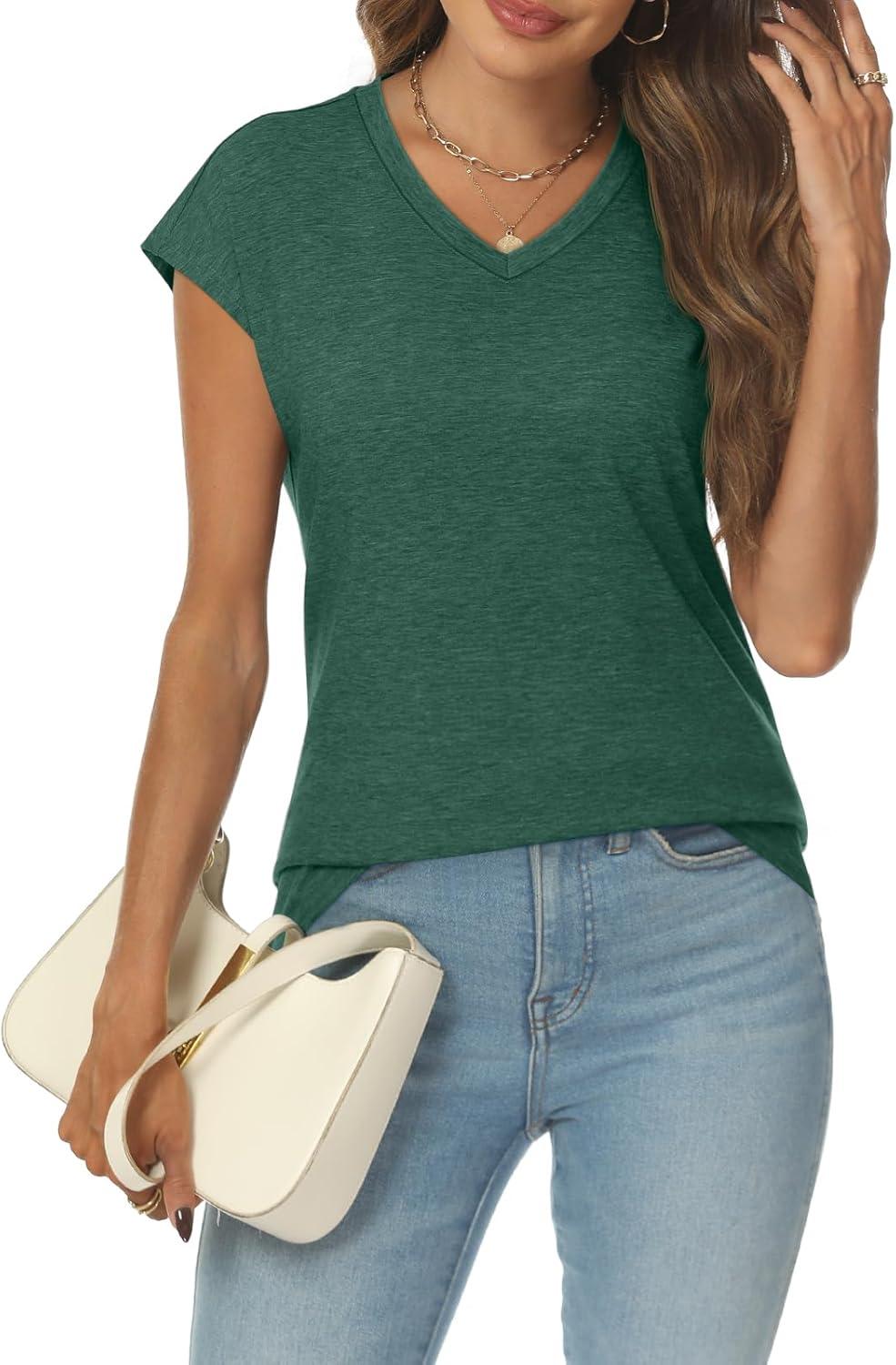 imageAUTOMET V Neck T Shirts for Women Spring Summer Fall Tops Teacher Work Business Dressy Casual Blouses Basic Tees Boho FashionGreen