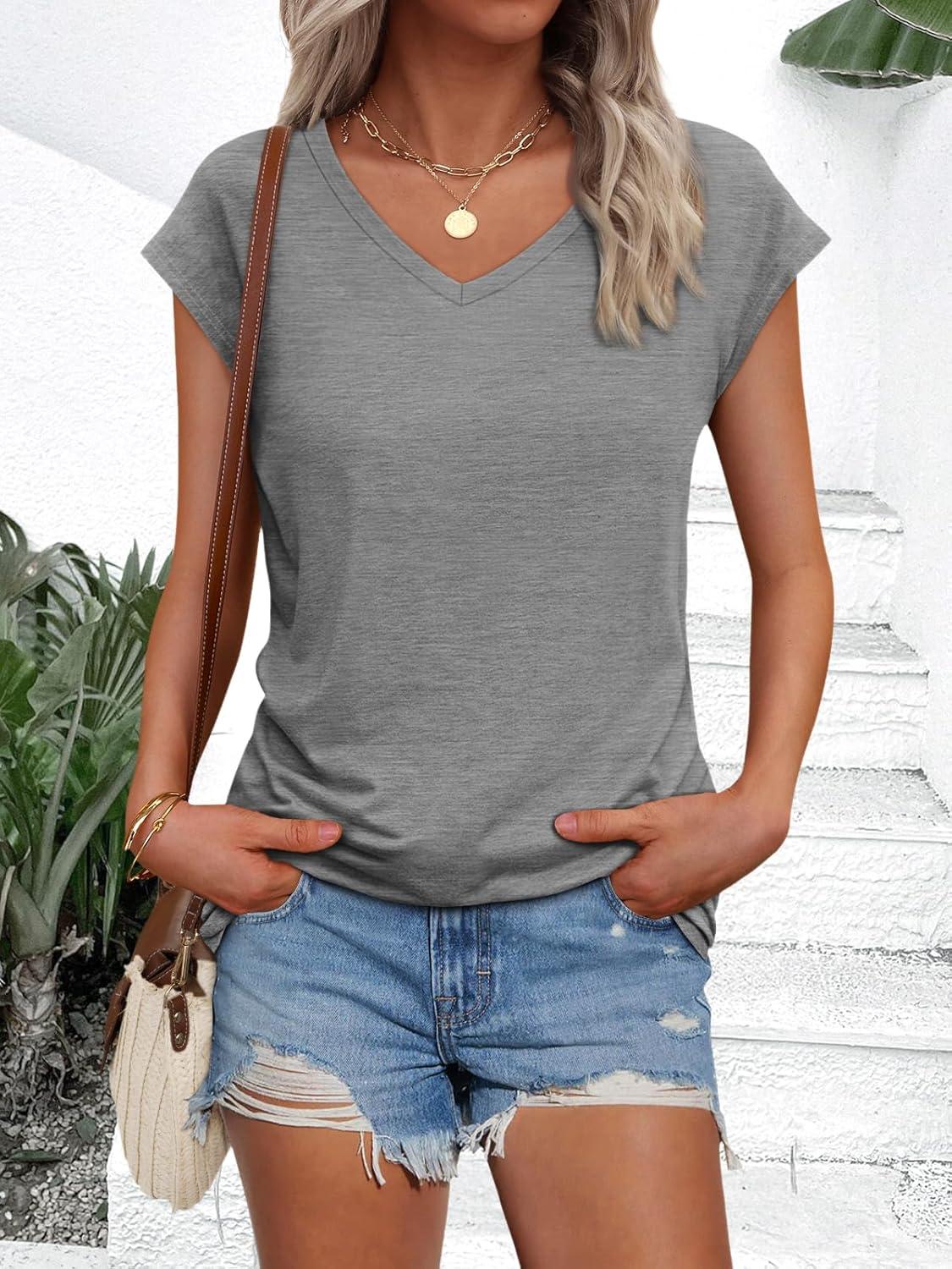 imageAUTOMET V Neck T Shirts for Women Spring Summer Fall Tops Teacher Work Business Dressy Casual Blouses Basic Tees Boho FashionGrey