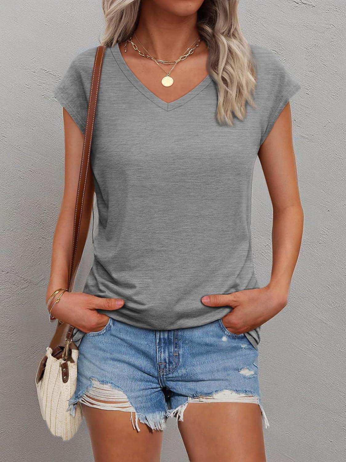 imageAUTOMET V Neck T Shirts for Women Spring Summer Fall Tops Teacher Work Business Dressy Casual Blouses Basic Tees Boho FashionGrey