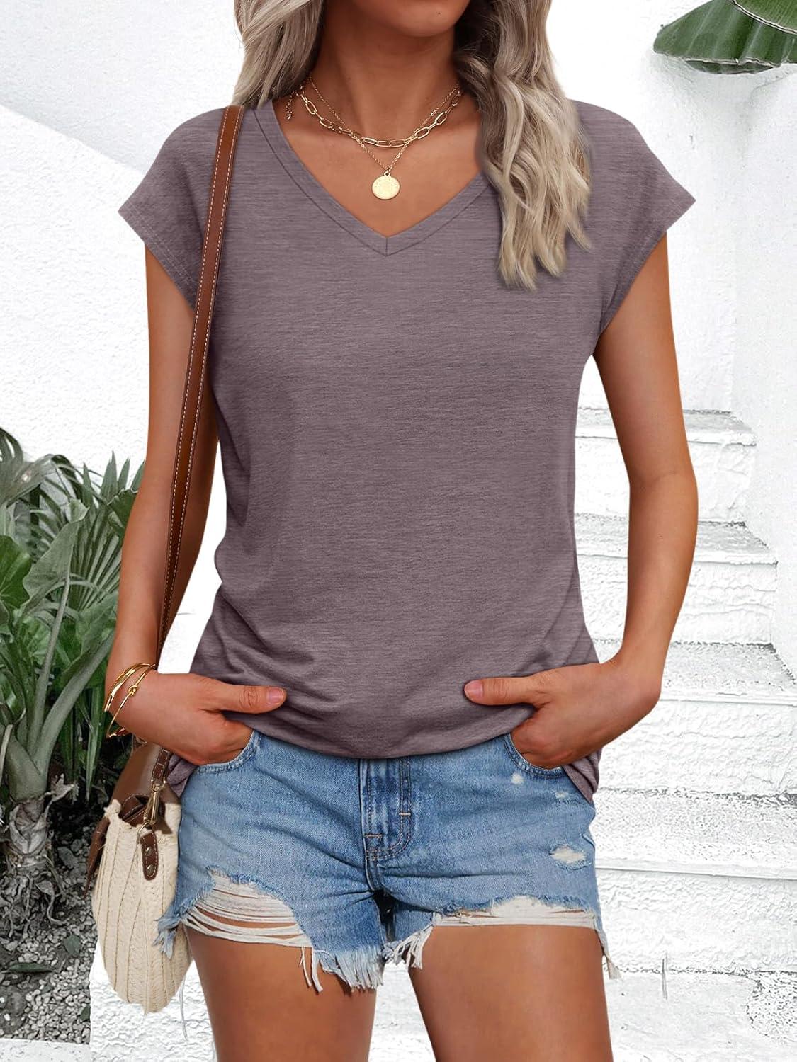 imageAUTOMET V Neck T Shirts for Women Spring Summer Fall Tops Teacher Work Business Dressy Casual Blouses Basic Tees Boho FashionHeathergrey