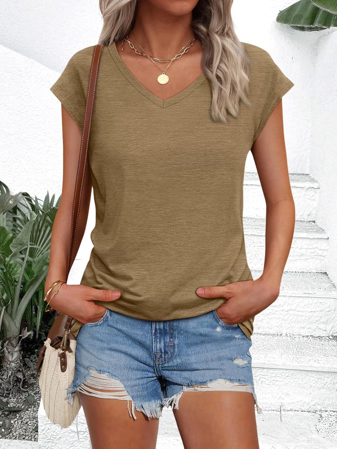 imageAUTOMET V Neck T Shirts for Women Spring Summer Fall Tops Teacher Work Business Dressy Casual Blouses Basic Tees Boho FashionKhaki