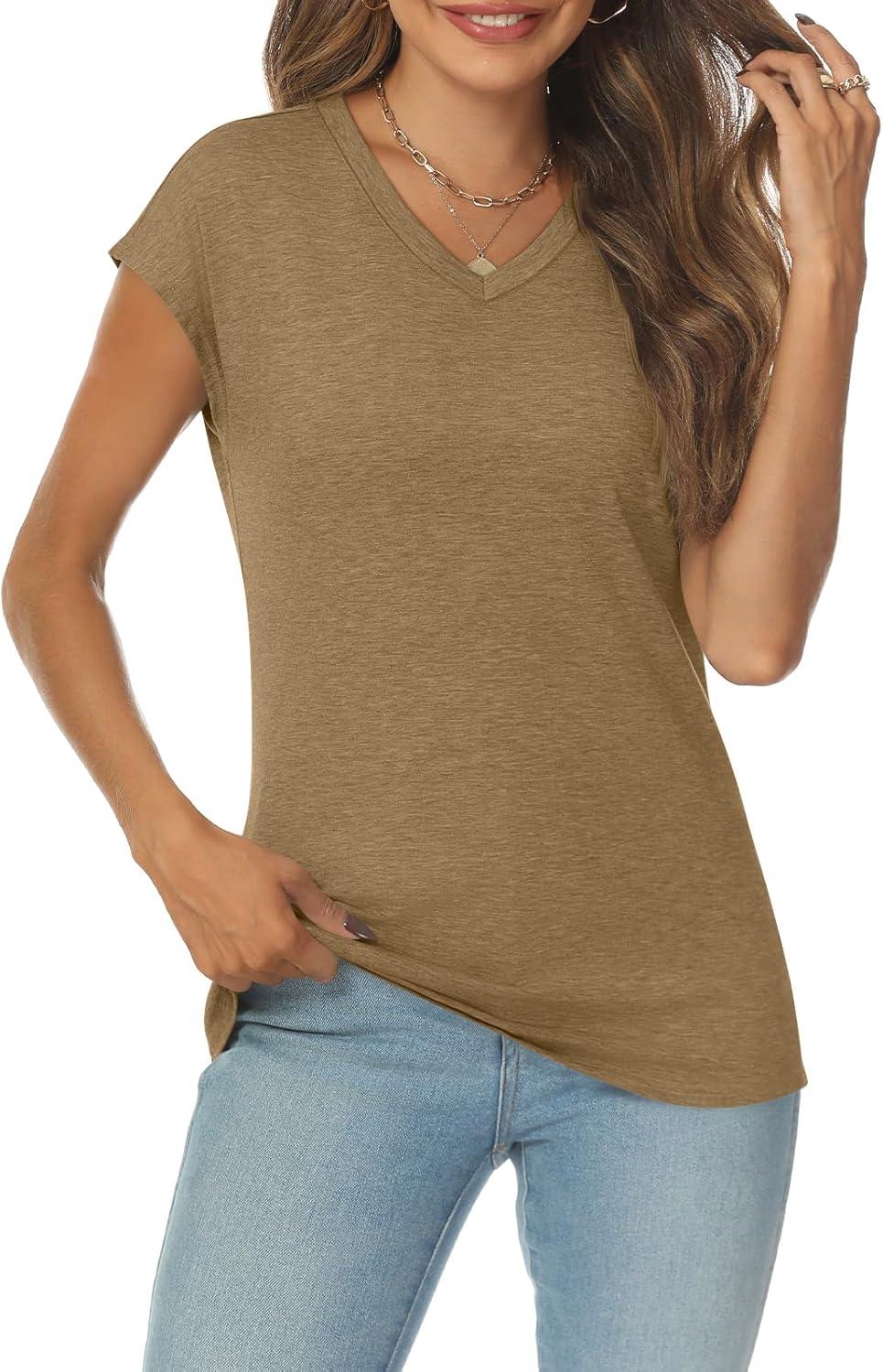 imageAUTOMET V Neck T Shirts for Women Spring Summer Fall Tops Teacher Work Business Dressy Casual Blouses Basic Tees Boho FashionKhaki
