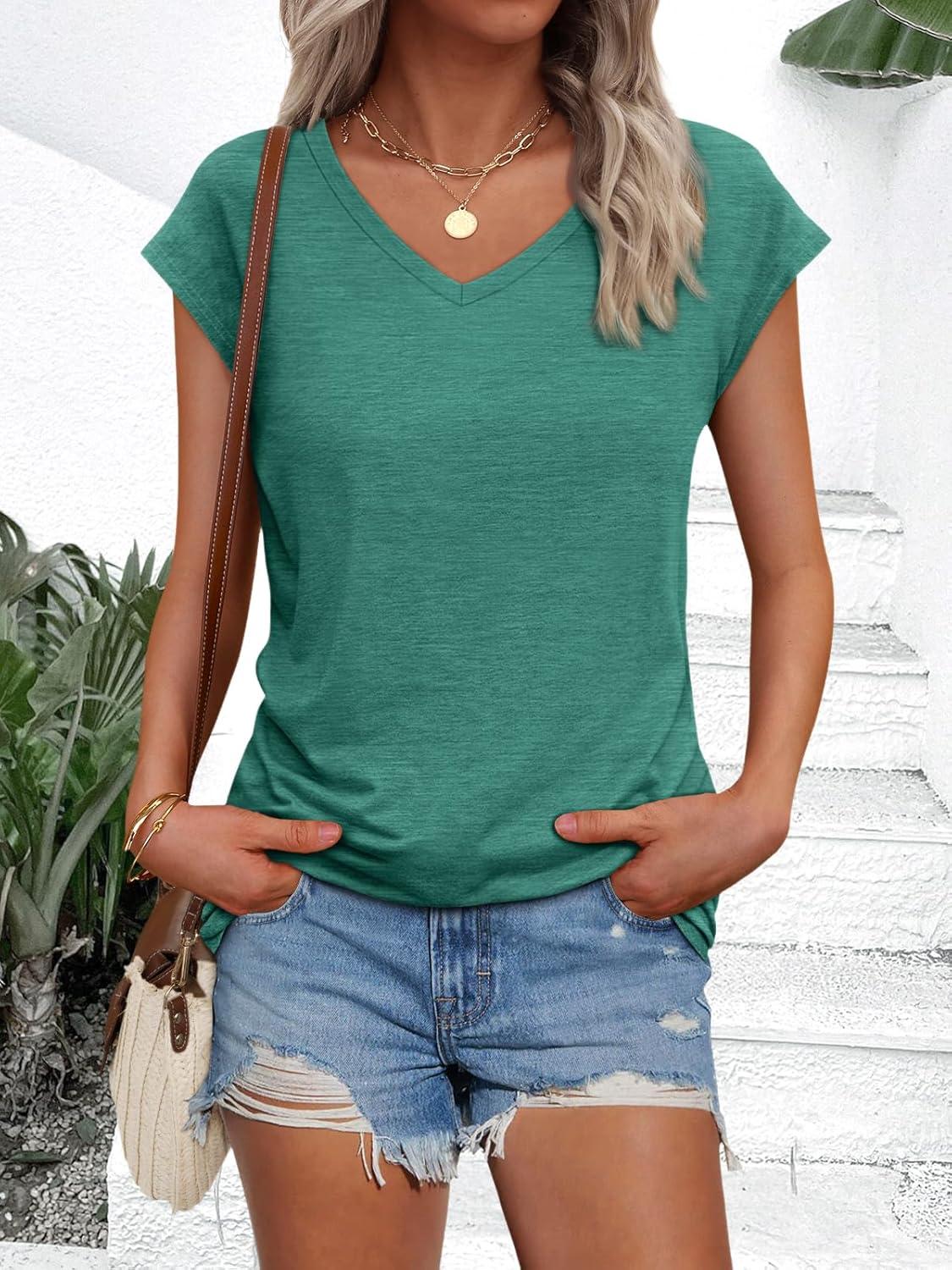 imageAUTOMET V Neck T Shirts for Women Spring Summer Fall Tops Teacher Work Business Dressy Casual Blouses Basic Tees Boho FashionLakegreen