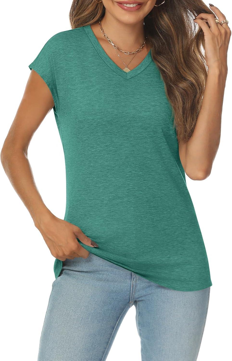 imageAUTOMET V Neck T Shirts for Women Spring Summer Fall Tops Teacher Work Business Dressy Casual Blouses Basic Tees Boho FashionLakegreen