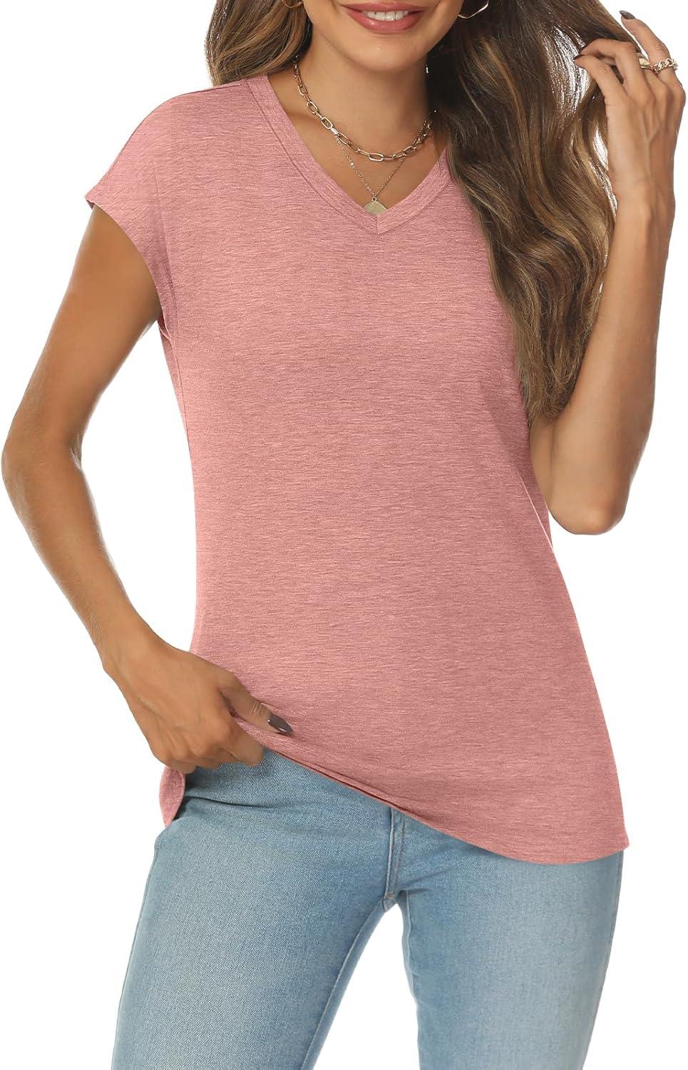 imageAUTOMET V Neck T Shirts for Women Spring Summer Fall Tops Teacher Work Business Dressy Casual Blouses Basic Tees Boho FashionPink