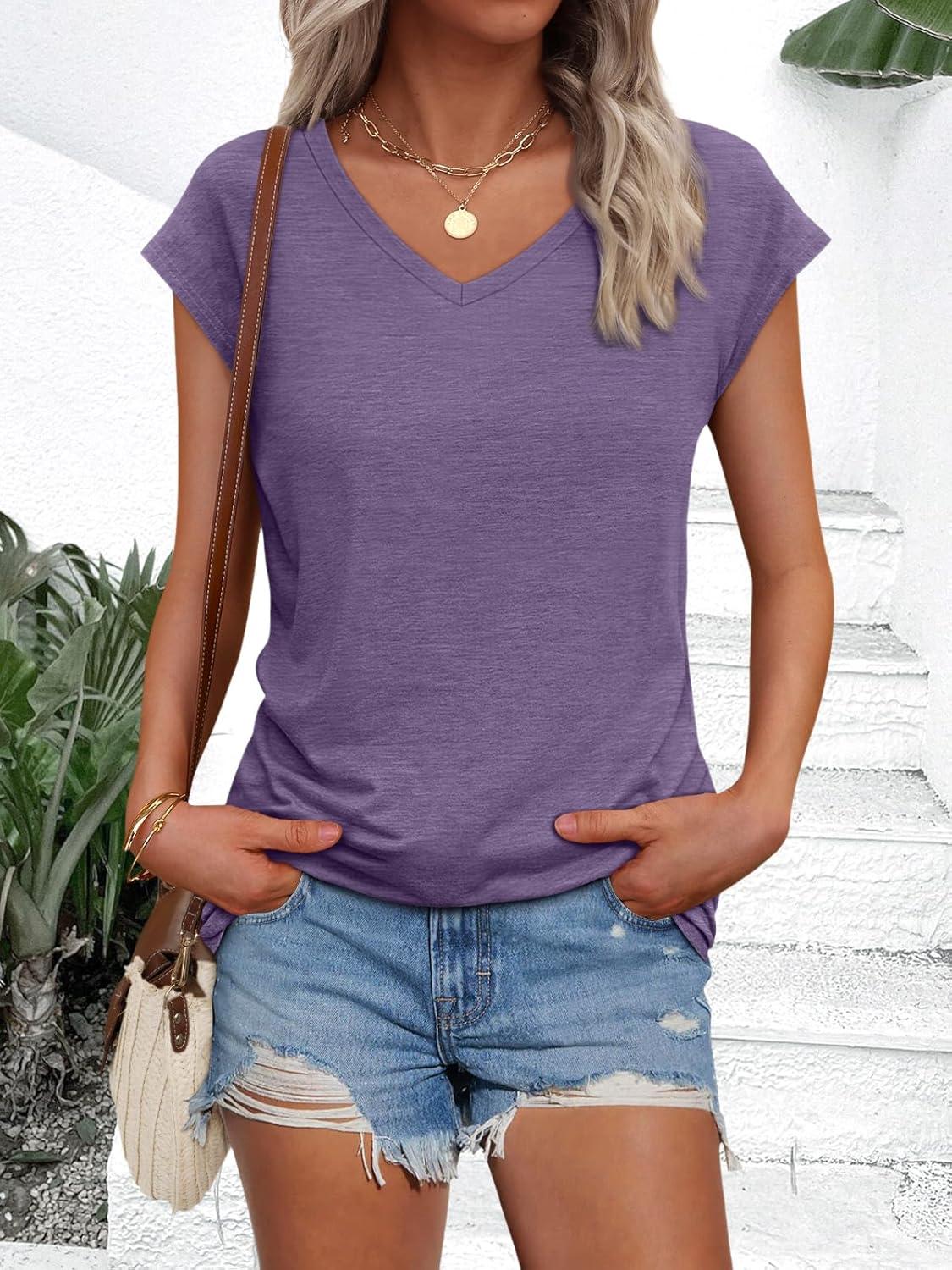imageAUTOMET V Neck T Shirts for Women Spring Summer Fall Tops Teacher Work Business Dressy Casual Blouses Basic Tees Boho FashionPurple