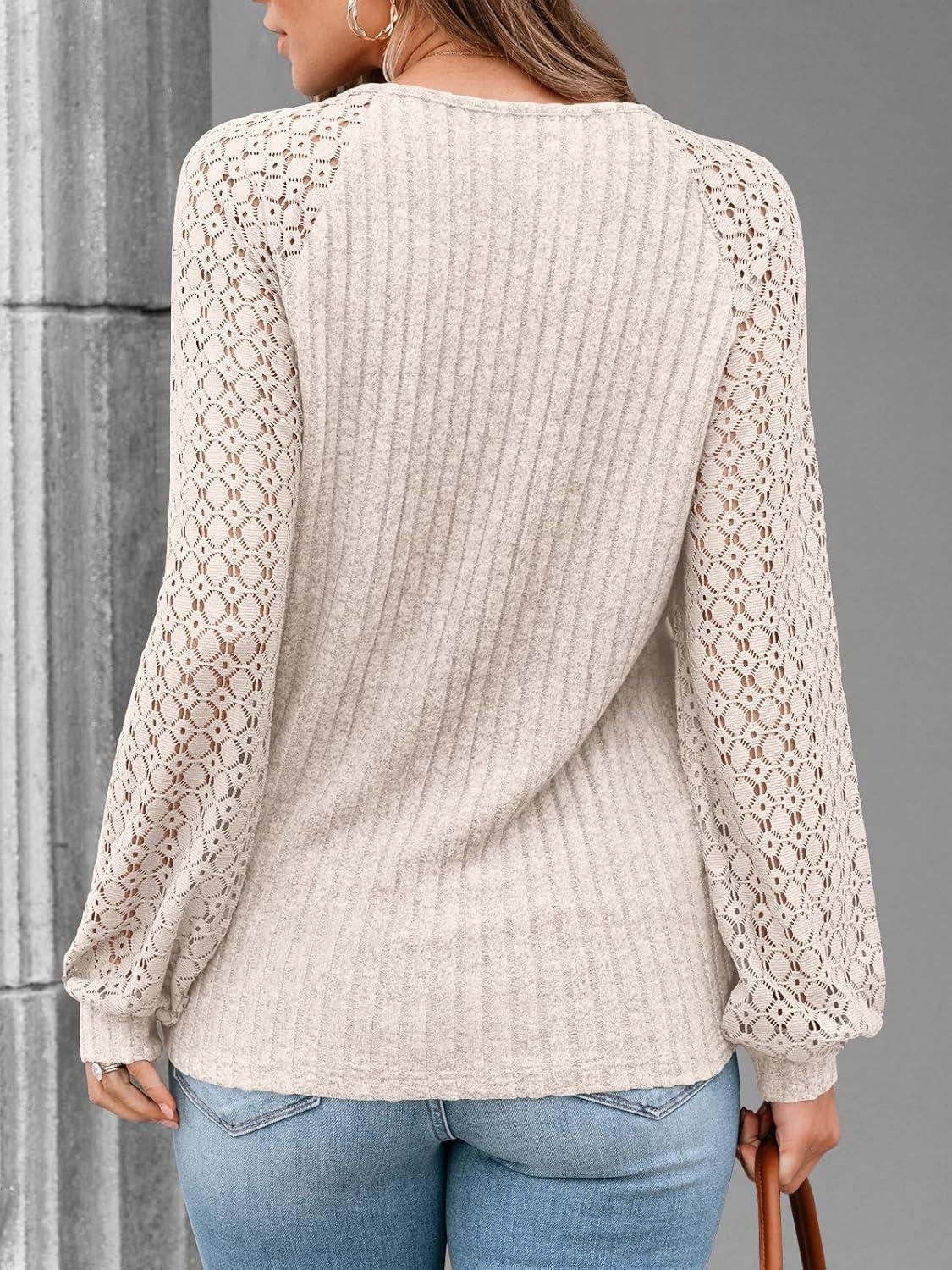 imageAUTOMET Women Long Sleeve Shirts Fall Lace Tops 2025 Fashion V Neck Sweaters Dressy Casual Winter Tunic Blouse Trendy OutfitApricot