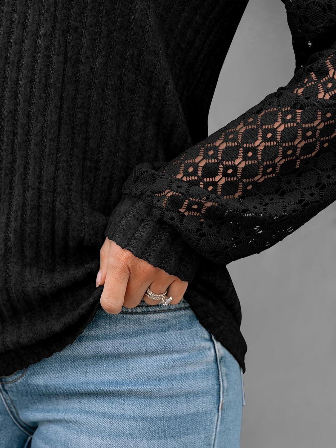 imageAUTOMET Women Long Sleeve Shirts Fall Lace Tops 2025 Fashion V Neck Sweaters Dressy Casual Winter Tunic Blouse Trendy OutfitBlack