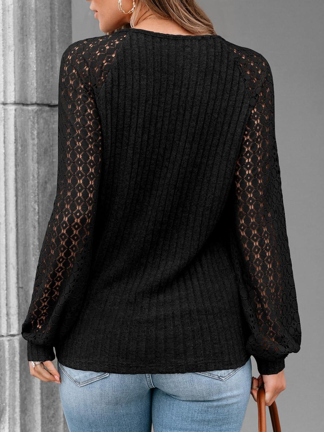 imageAUTOMET Women Long Sleeve Shirts Fall Lace Tops 2025 Fashion V Neck Sweaters Dressy Casual Winter Tunic Blouse Trendy OutfitBlack