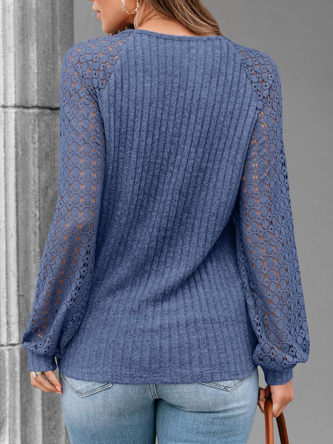 imageAUTOMET Women Long Sleeve Shirts Fall Lace Tops 2025 Fashion V Neck Sweaters Dressy Casual Winter Tunic Blouse Trendy OutfitBlue