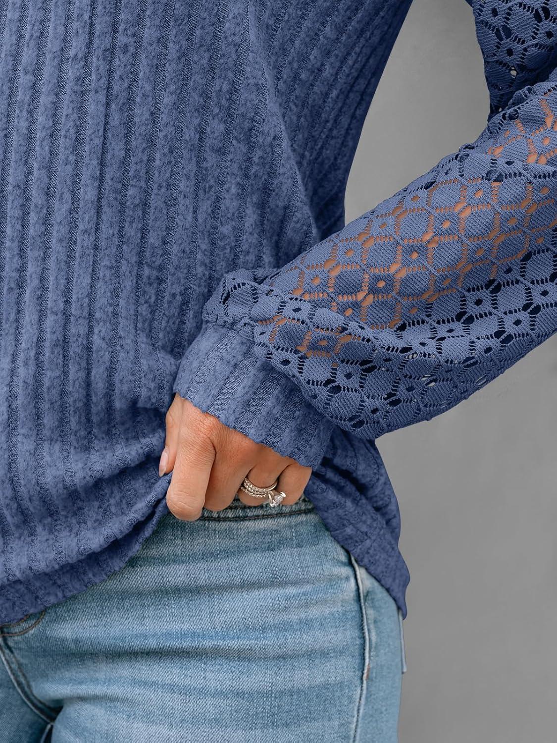 imageAUTOMET Women Long Sleeve Shirts Fall Lace Tops 2025 Fashion V Neck Sweaters Dressy Casual Winter Tunic Blouse Trendy OutfitBlue