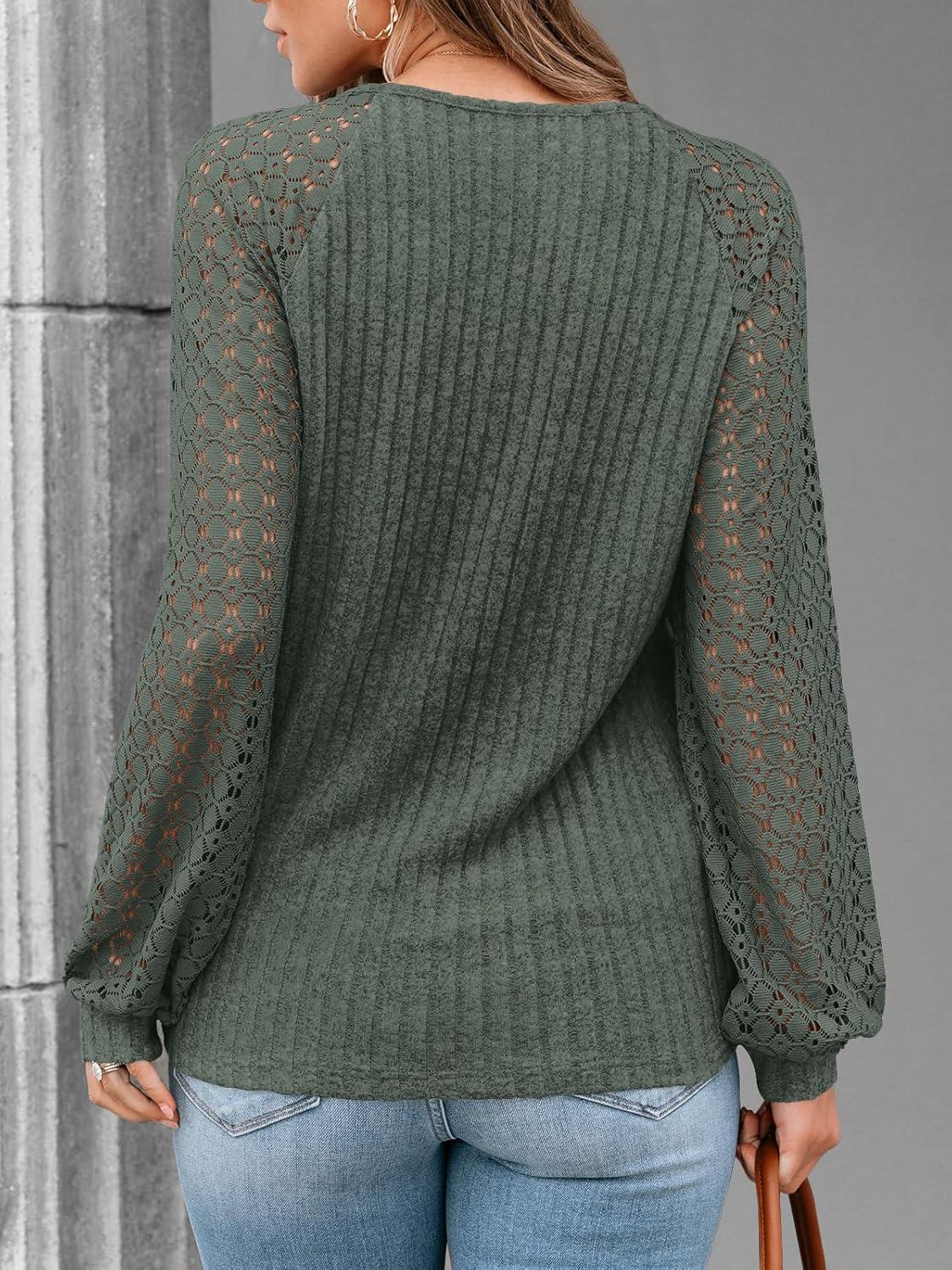 imageAUTOMET Women Long Sleeve Shirts Fall Lace Tops 2025 Fashion V Neck Sweaters Dressy Casual Winter Tunic Blouse Trendy OutfitGreen