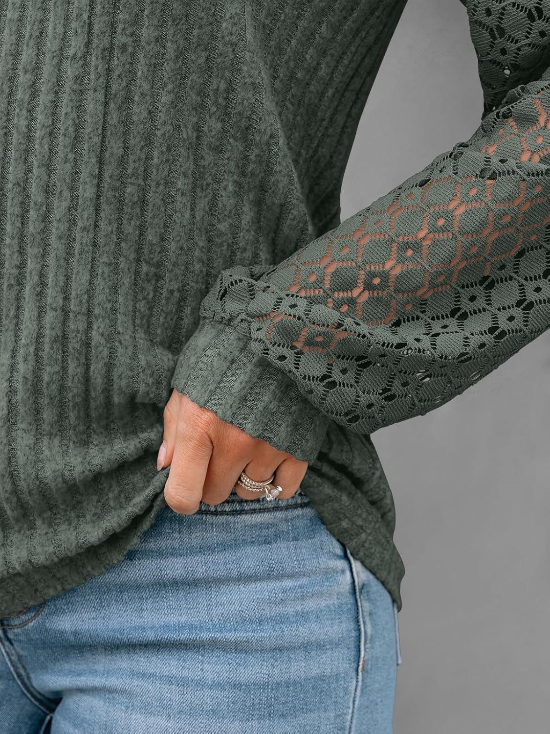 imageAUTOMET Women Long Sleeve Shirts Fall Lace Tops 2025 Fashion V Neck Sweaters Dressy Casual Winter Tunic Blouse Trendy OutfitGreen