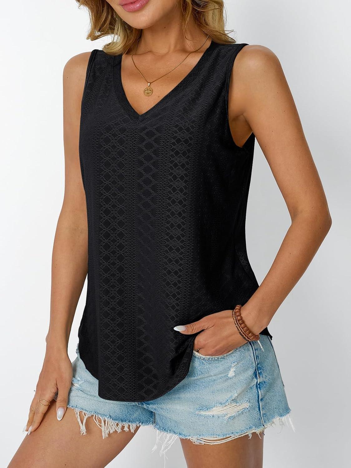 imageAUTOMET Women Summer Tank Top Eyelet Embroidery 2025 Vacation Sleeveless V Neck Loose Fit Shirt Spring Fashion Casual ClothesBlack