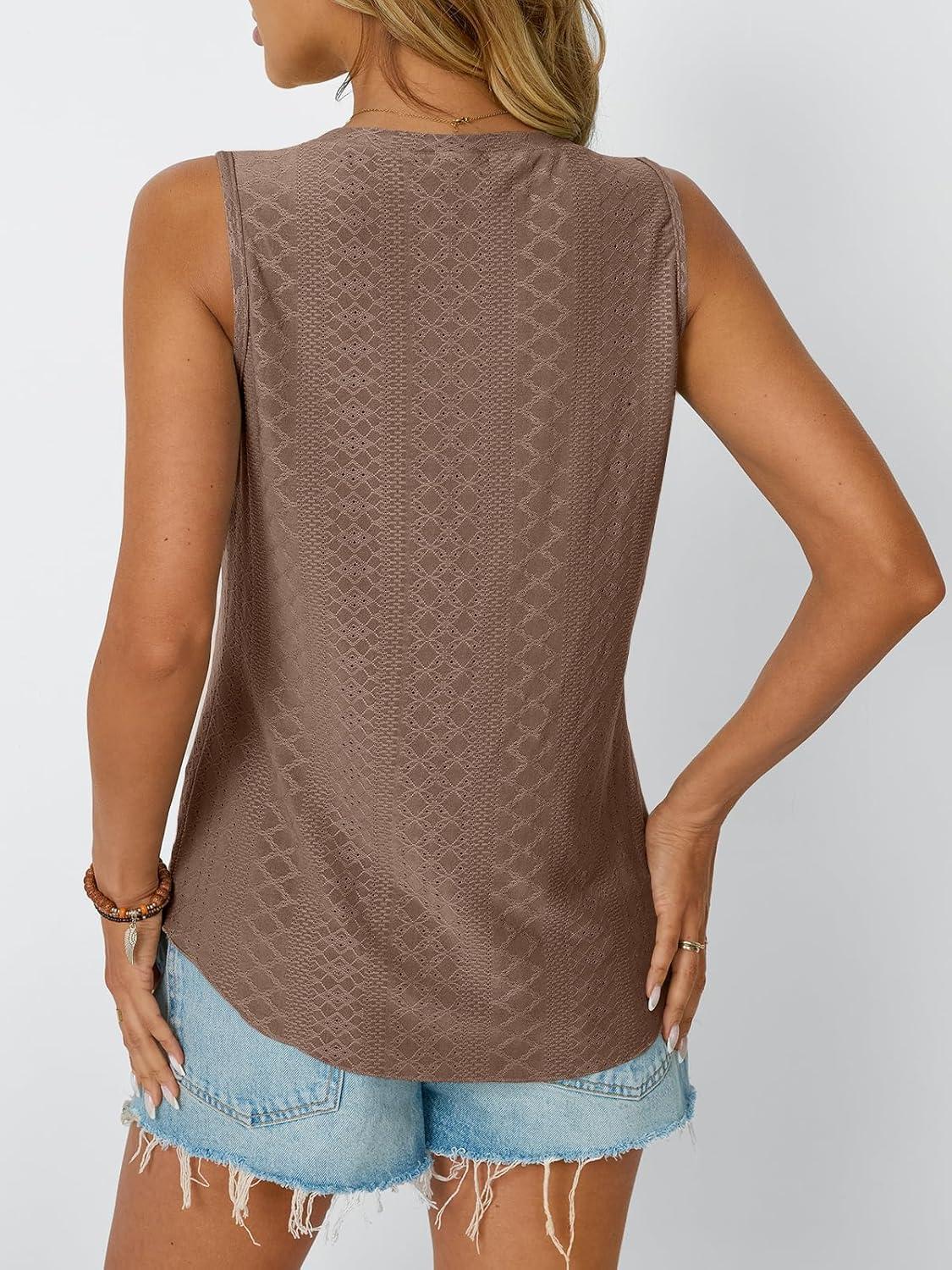 imageAUTOMET Women Summer Tank Top Eyelet Embroidery 2025 Vacation Sleeveless V Neck Loose Fit Shirt Spring Fashion Casual ClothesCoffee