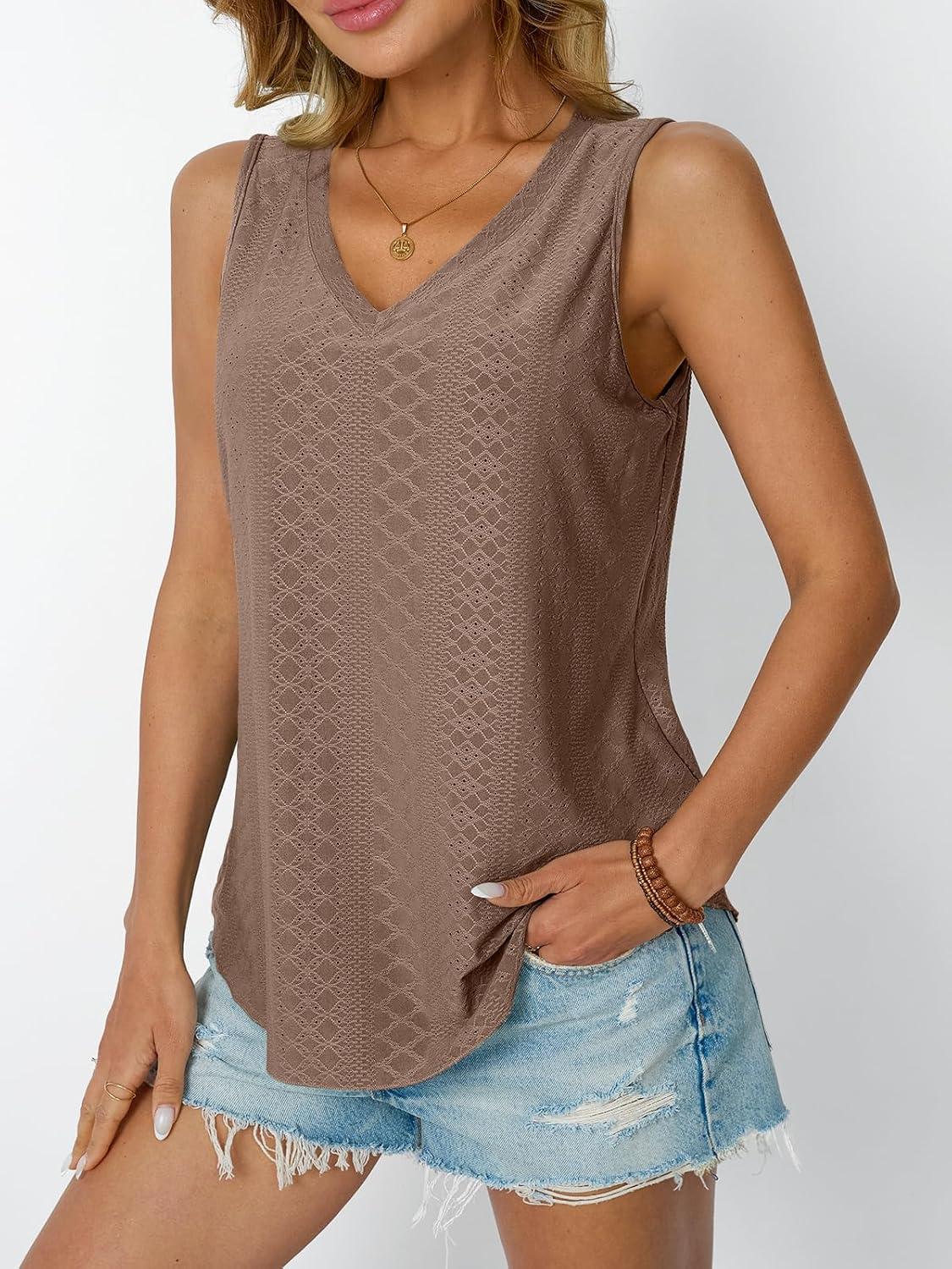 imageAUTOMET Women Summer Tank Top Eyelet Embroidery 2025 Vacation Sleeveless V Neck Loose Fit Shirt Spring Fashion Casual ClothesCoffee