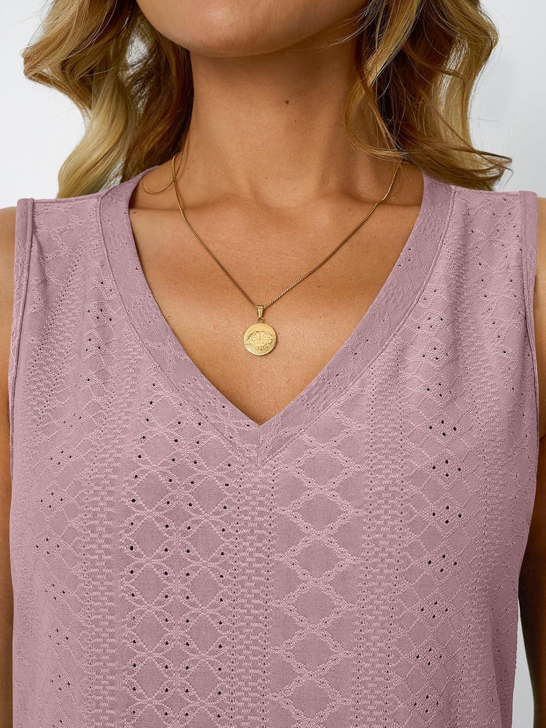 imageAUTOMET Women Summer Tank Top Eyelet Embroidery 2025 Vacation Sleeveless V Neck Loose Fit Shirt Spring Fashion Casual ClothesDarkpink