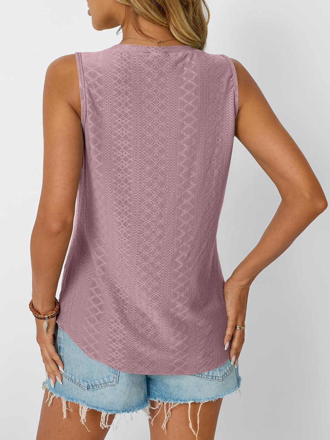 imageAUTOMET Women Summer Tank Top Eyelet Embroidery 2025 Vacation Sleeveless V Neck Loose Fit Shirt Spring Fashion Casual ClothesDarkpink