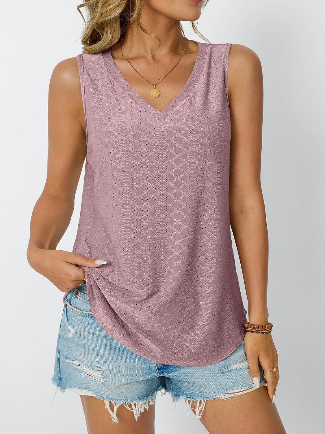 imageAUTOMET Women Summer Tank Top Eyelet Embroidery 2025 Vacation Sleeveless V Neck Loose Fit Shirt Spring Fashion Casual ClothesDarkpink