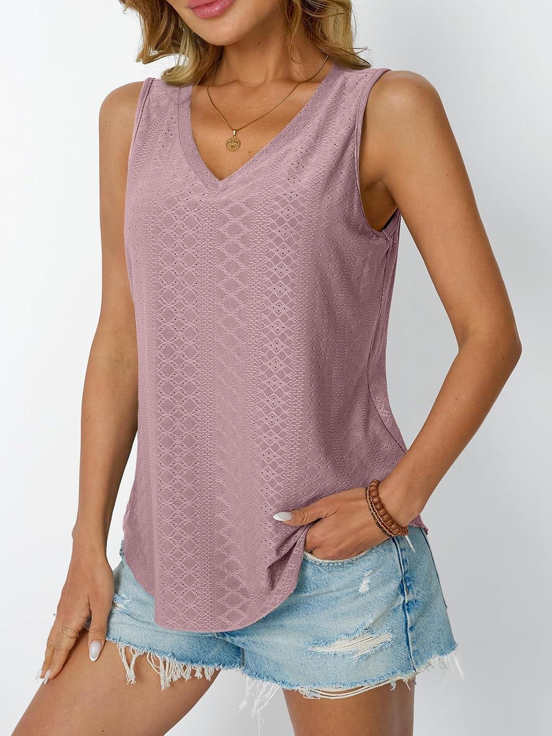 imageAUTOMET Women Summer Tank Top Eyelet Embroidery 2025 Vacation Sleeveless V Neck Loose Fit Shirt Spring Fashion Casual ClothesDarkpink
