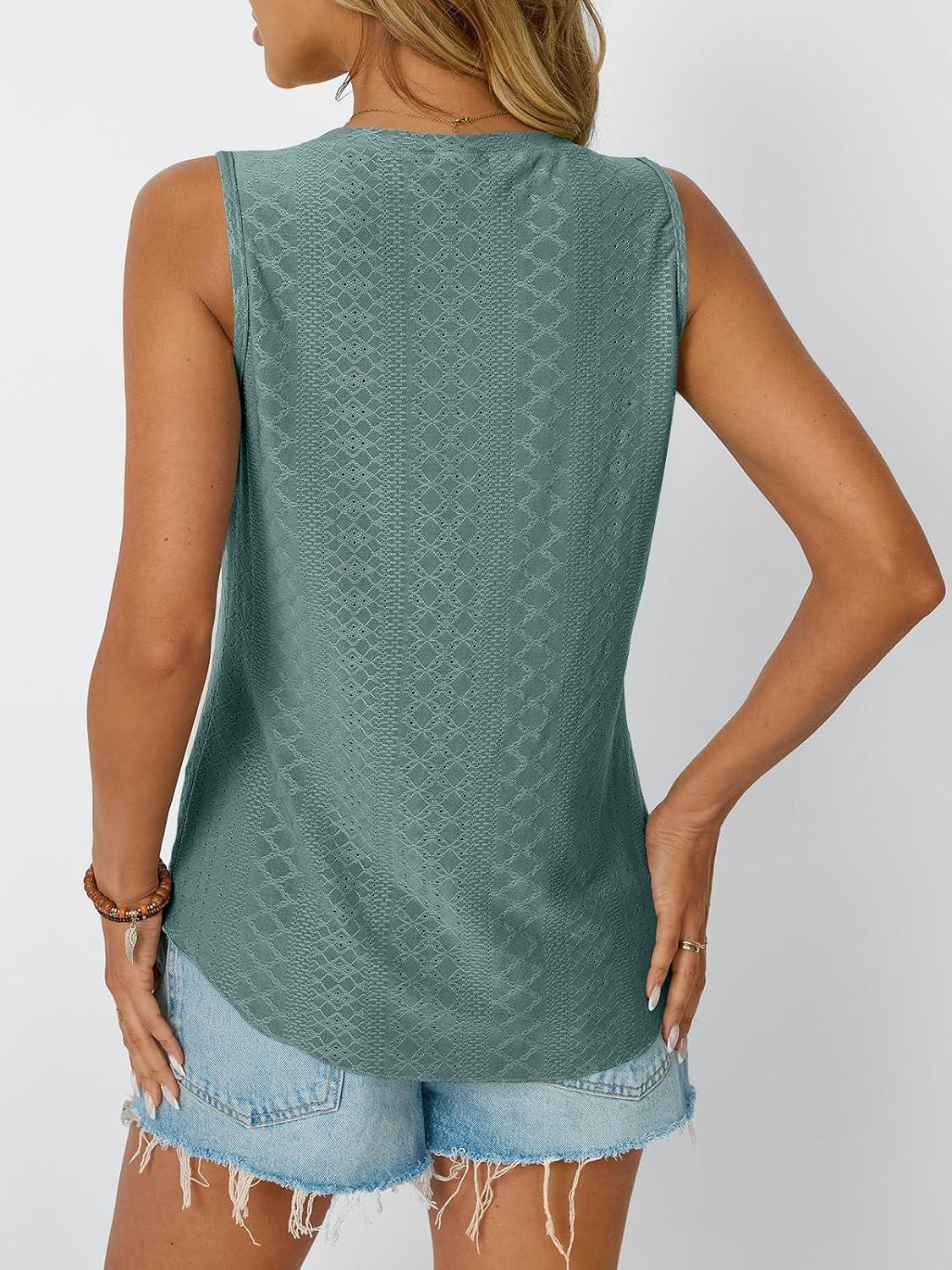 imageAUTOMET Women Summer Tank Top Eyelet Embroidery 2025 Vacation Sleeveless V Neck Loose Fit Shirt Spring Fashion Casual ClothesGreen