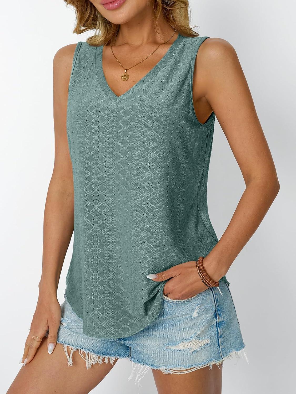 imageAUTOMET Women Summer Tank Top Eyelet Embroidery 2025 Vacation Sleeveless V Neck Loose Fit Shirt Spring Fashion Casual ClothesGreen