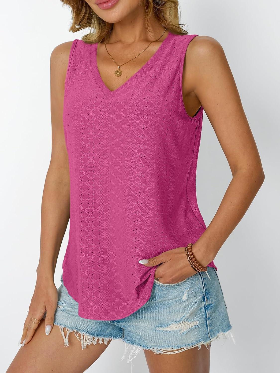 imageAUTOMET Women Summer Tank Top Eyelet Embroidery 2025 Vacation Sleeveless V Neck Loose Fit Shirt Spring Fashion Casual ClothesHotpink