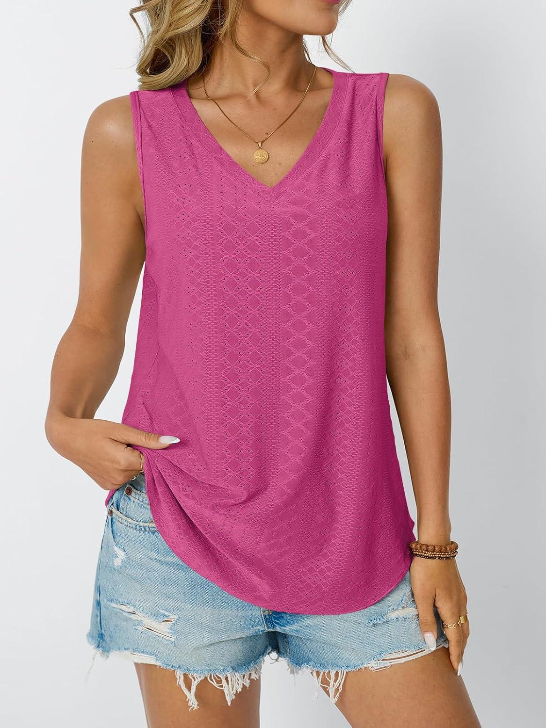 imageAUTOMET Women Summer Tank Top Eyelet Embroidery 2025 Vacation Sleeveless V Neck Loose Fit Shirt Spring Fashion Casual ClothesHotpink
