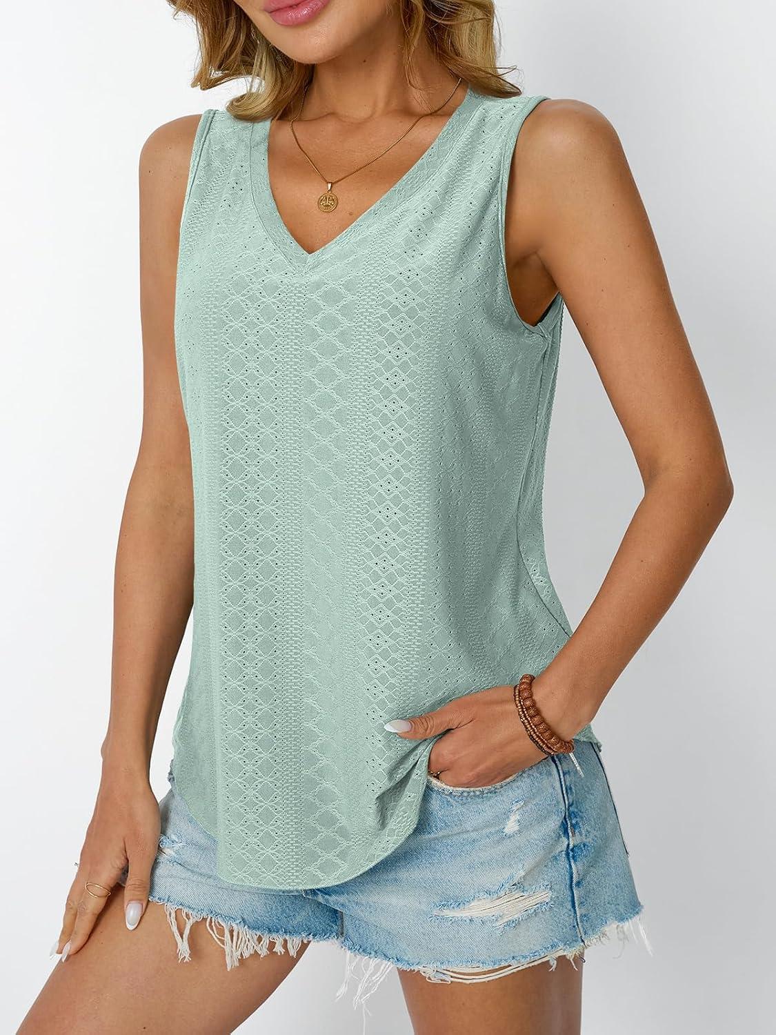 imageAUTOMET Women Summer Tank Top Eyelet Embroidery 2025 Vacation Sleeveless V Neck Loose Fit Shirt Spring Fashion Casual ClothesLightgreen