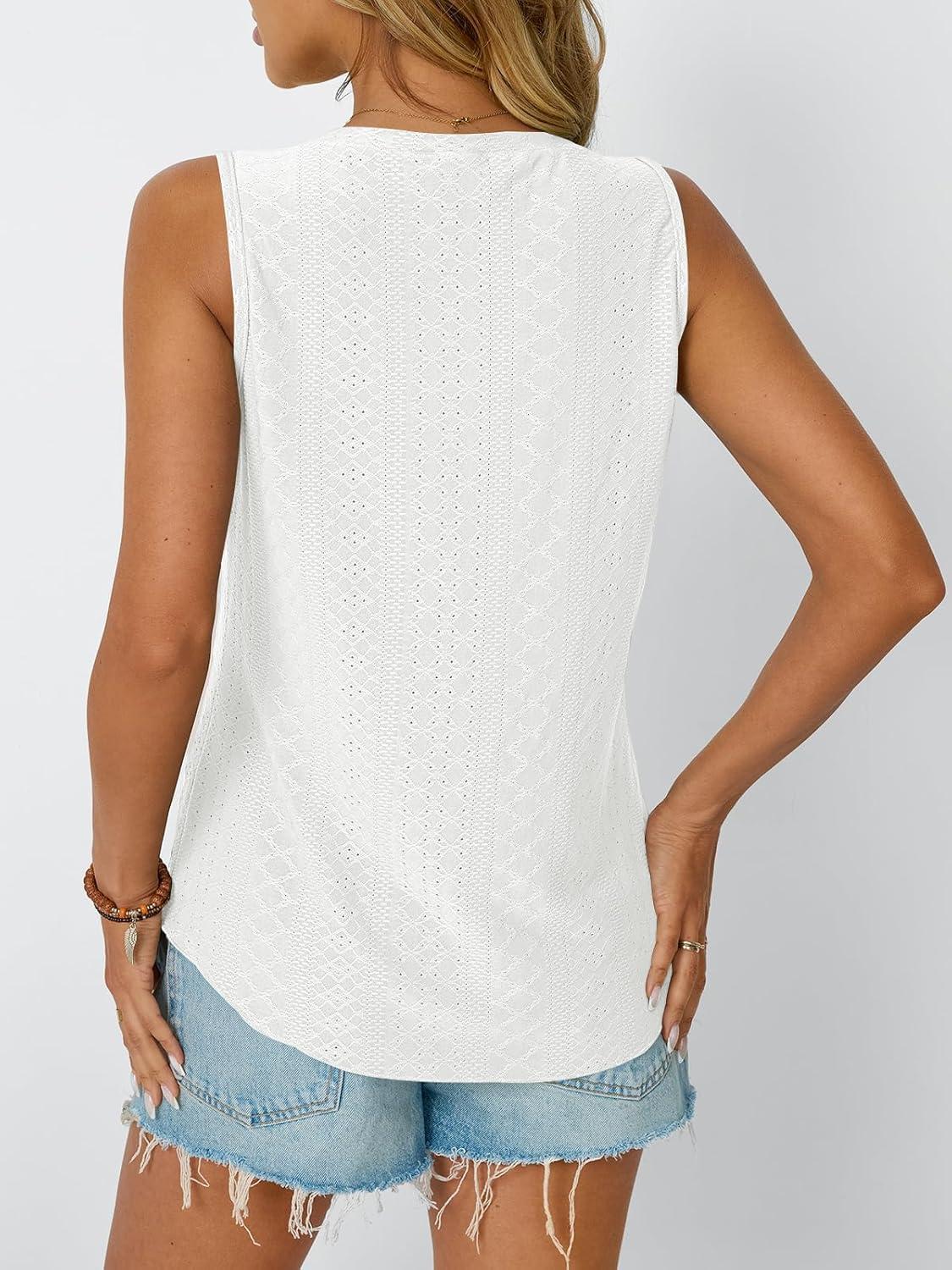 imageAUTOMET Women Summer Tank Top Eyelet Embroidery 2025 Vacation Sleeveless V Neck Loose Fit Shirt Spring Fashion Casual ClothesWhite